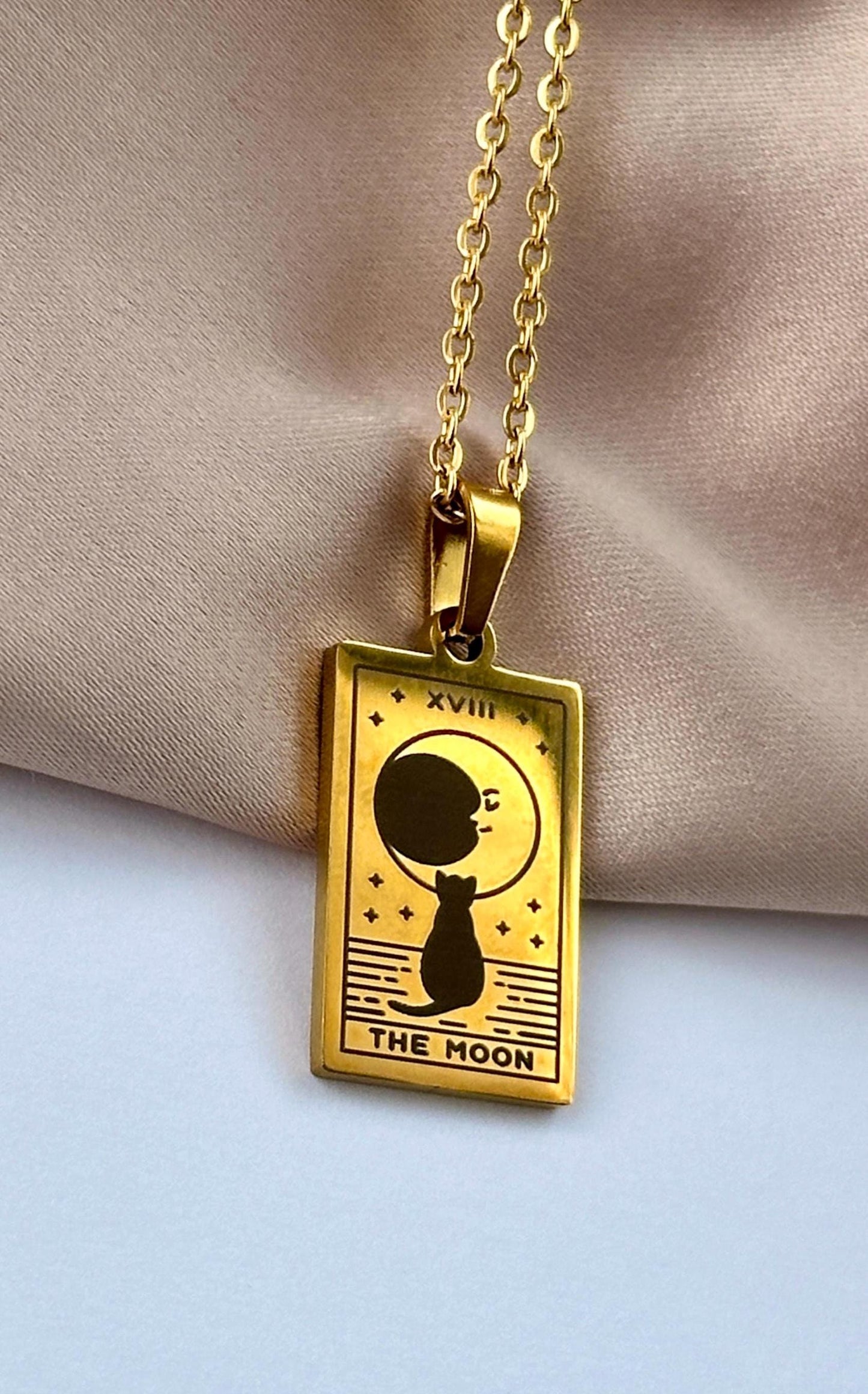 Cat Moon Necklace, Cat Tarot Necklace, The Moon Tarot Necklace, Gold Cat Necklace, Stainless Steel Tarot Card Pendant, Celestial Pendant
