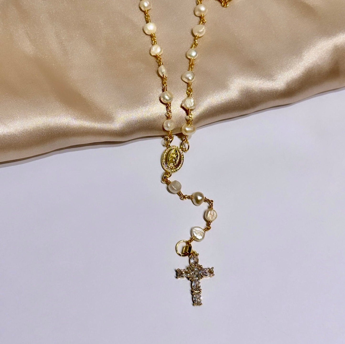 Freshwater Pearl Cross Necklace - Statement Cross Pearl Necklace - Pearl Bead Cross Necklace, Gold Filled CZ Cross Pendant, CZ Cross Pendant