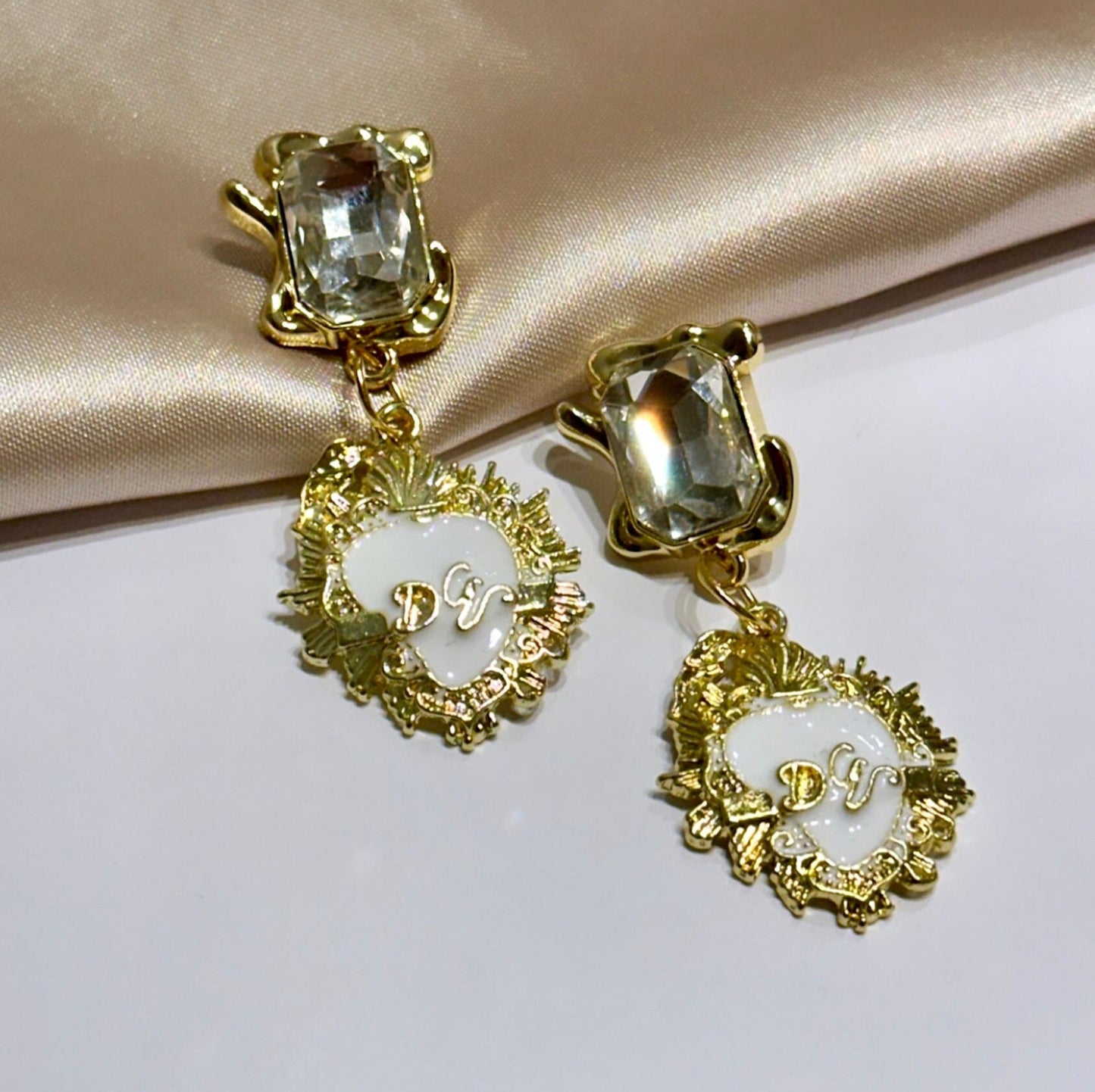 Statement Heart Earrings, Gold Sacred Heart Earrings, Enamel Sacred Heart, White Heart Earrings, Milagro Earrings, Ex Voto Earrings
