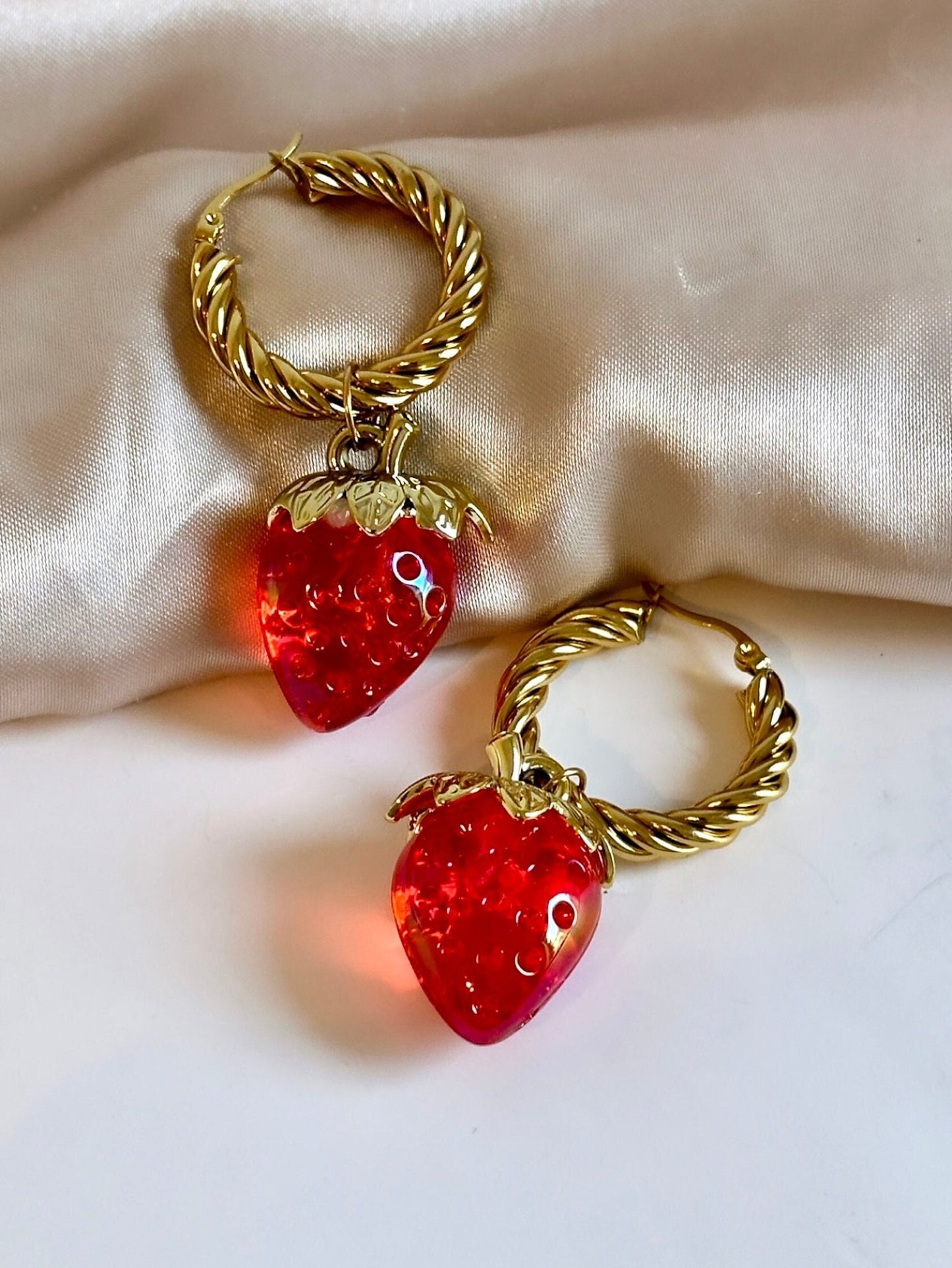 Strawberry Hoops, Gold Twist Hoop Earrings Tarnish Free, Red Strawberry Earrings, 2 in 1 Earrings That Convert, Strawberry Dangle Earrings