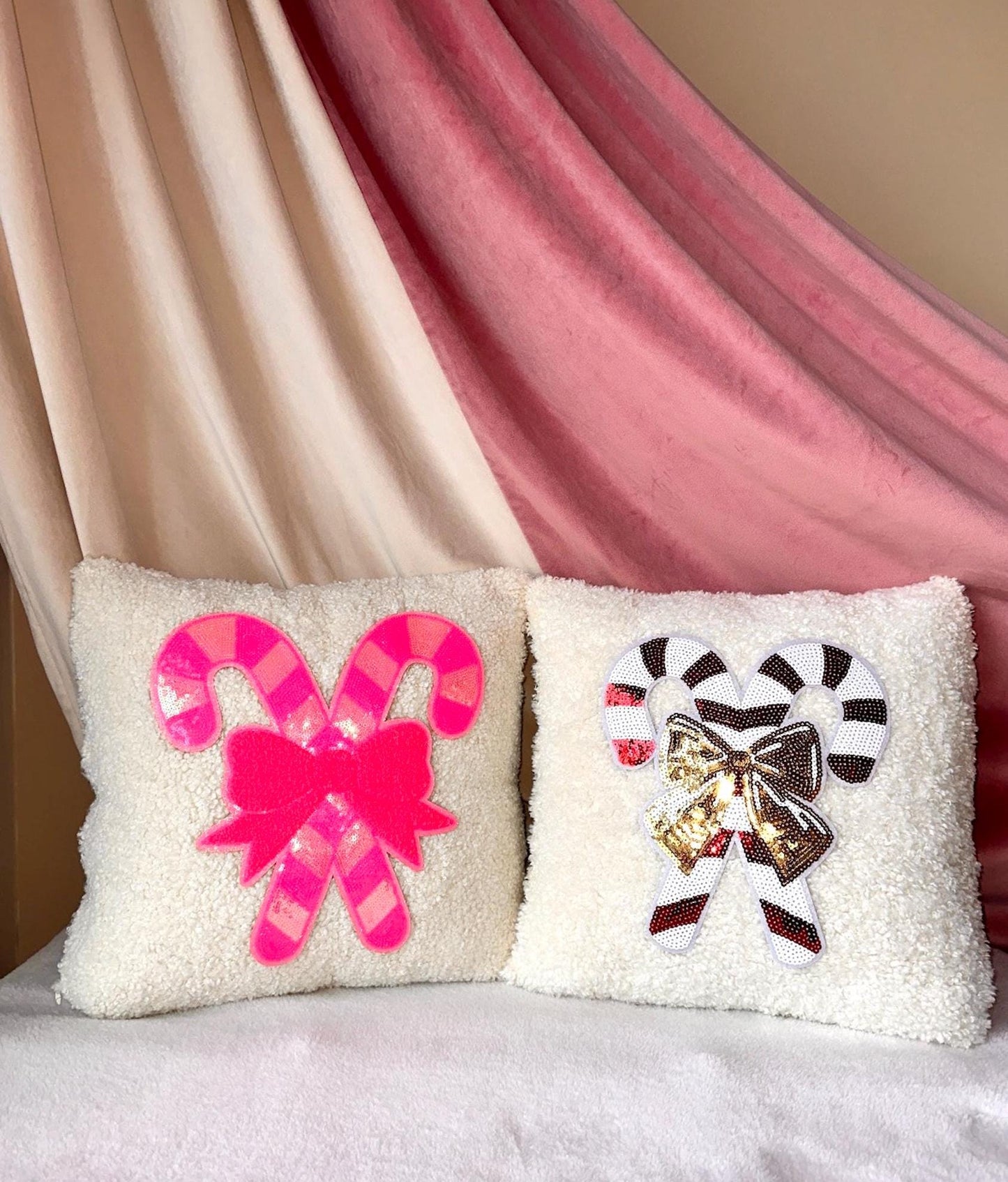 Pink Candy Cane Pillow, Candy Cane Christmas Pillow, Pink Bow Pillow, Sequin Christmas Pillow Coquette Christmas Pillow, White Boucle Pillow