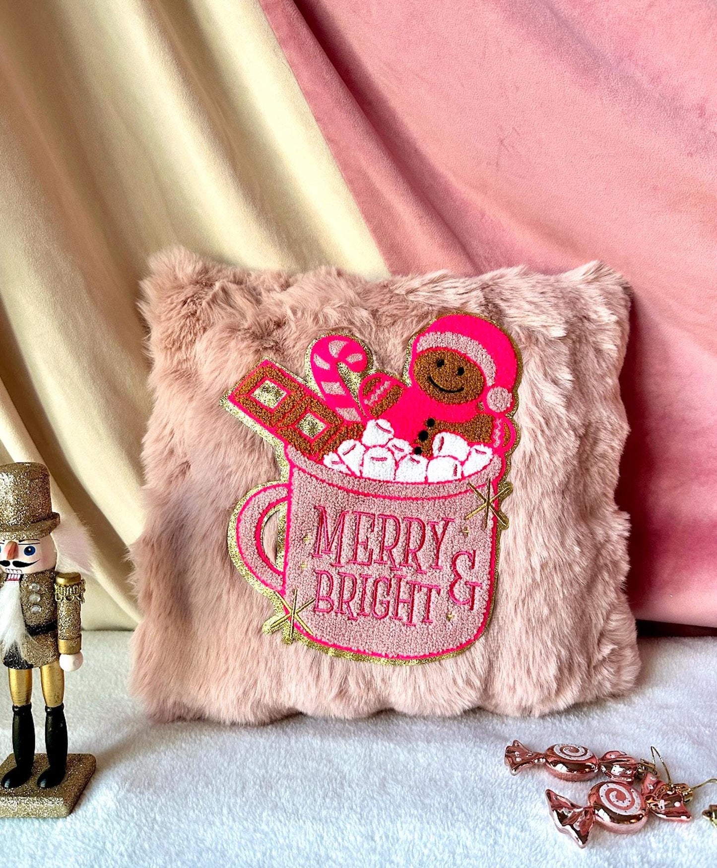 Pink Gingerbread Pillow, Merry And Bright Pillow, Pink Christmas Pillow, Coquette Christmas Pillow, Pink Christmas Decorations Home Decor