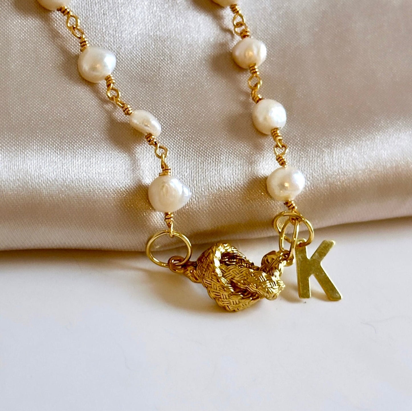 Tie The Knot Necklace, Love Knot Necklace Gold Dainty, Wedding Pearl Necklace Personalized, Pearl Knot Necklace Simple Gold Initial Necklace