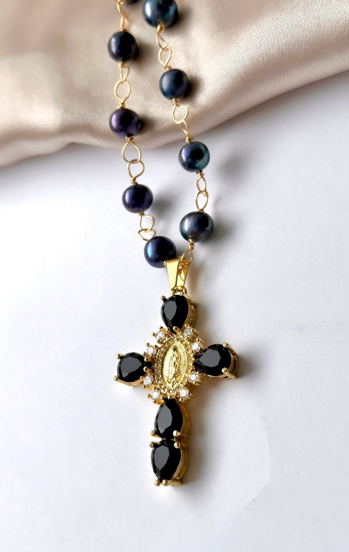 Black Pearl Necklace For Women, Black Cross Necklace For Women, Pearl Cross Necklace, Large Cross Necklace, Real Pearl Necklace, Renaissance