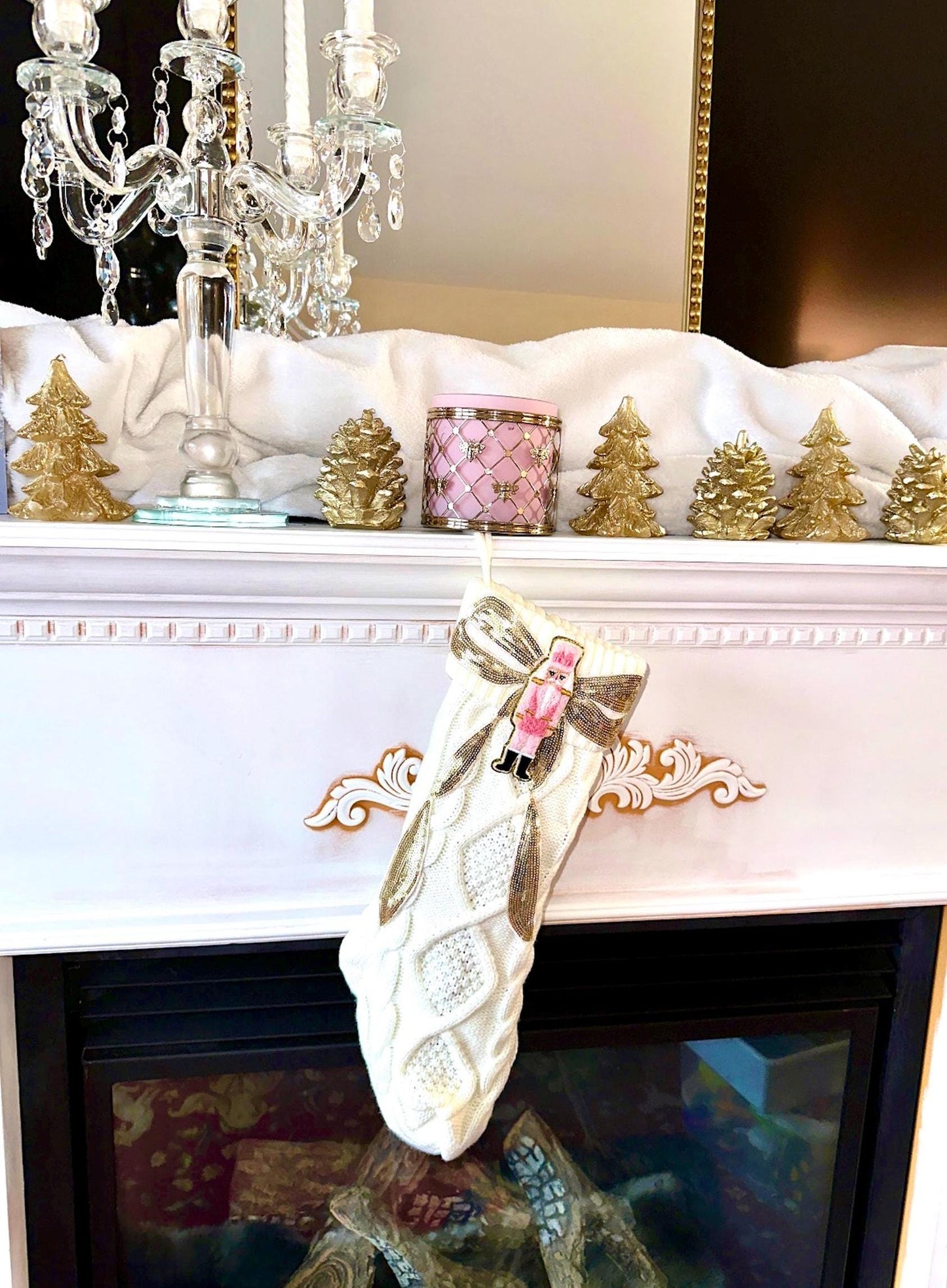 Pink Nutcracker Stocking, Nutcracker Christmas Stocking, Bow Christmas Stocking, White Knit Christmas Stocking, Coquette Christmas Stocking