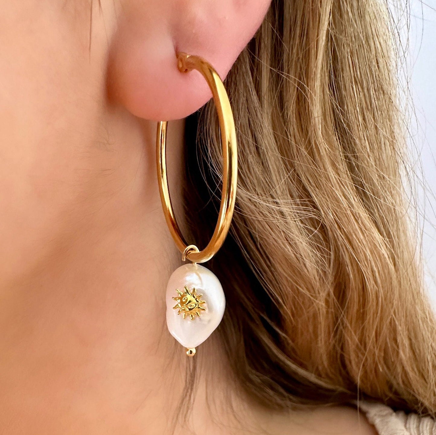 Pearl Dangle Hoop Earrings, Sun Hoop Earrings, Pearl Charm Hoops, Gold Sun Hoop Earrings, Freshwater Pearl Earrings Drop, Gold Plated Hoops