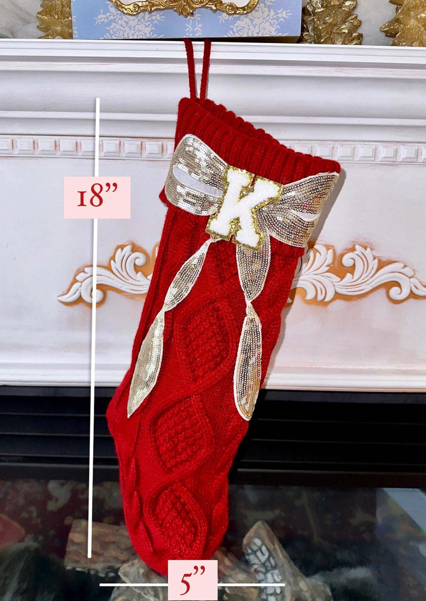 Custom Christmas Stocking Large, Red Knit Christmas Stocking, Personalized Christmas Stocking, Sequin Bow Christmas Stocking Letter Stocking