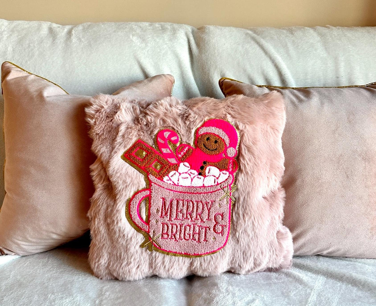 Pink Gingerbread Pillow, Merry And Bright Pillow, Pink Christmas Pillow, Coquette Christmas Pillow, Pink Christmas Decorations Home Decor