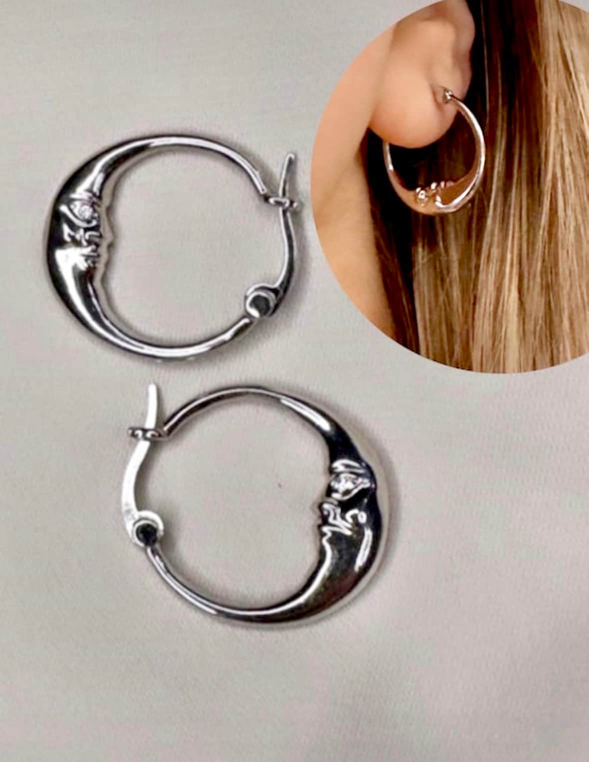 Moon Hoop Earrings, Silver Moon Earrings, Moon Hoops, Moon Goddess, Small Silver Hoops, Moon Huggie Earrings, Mini Hoop Earrings