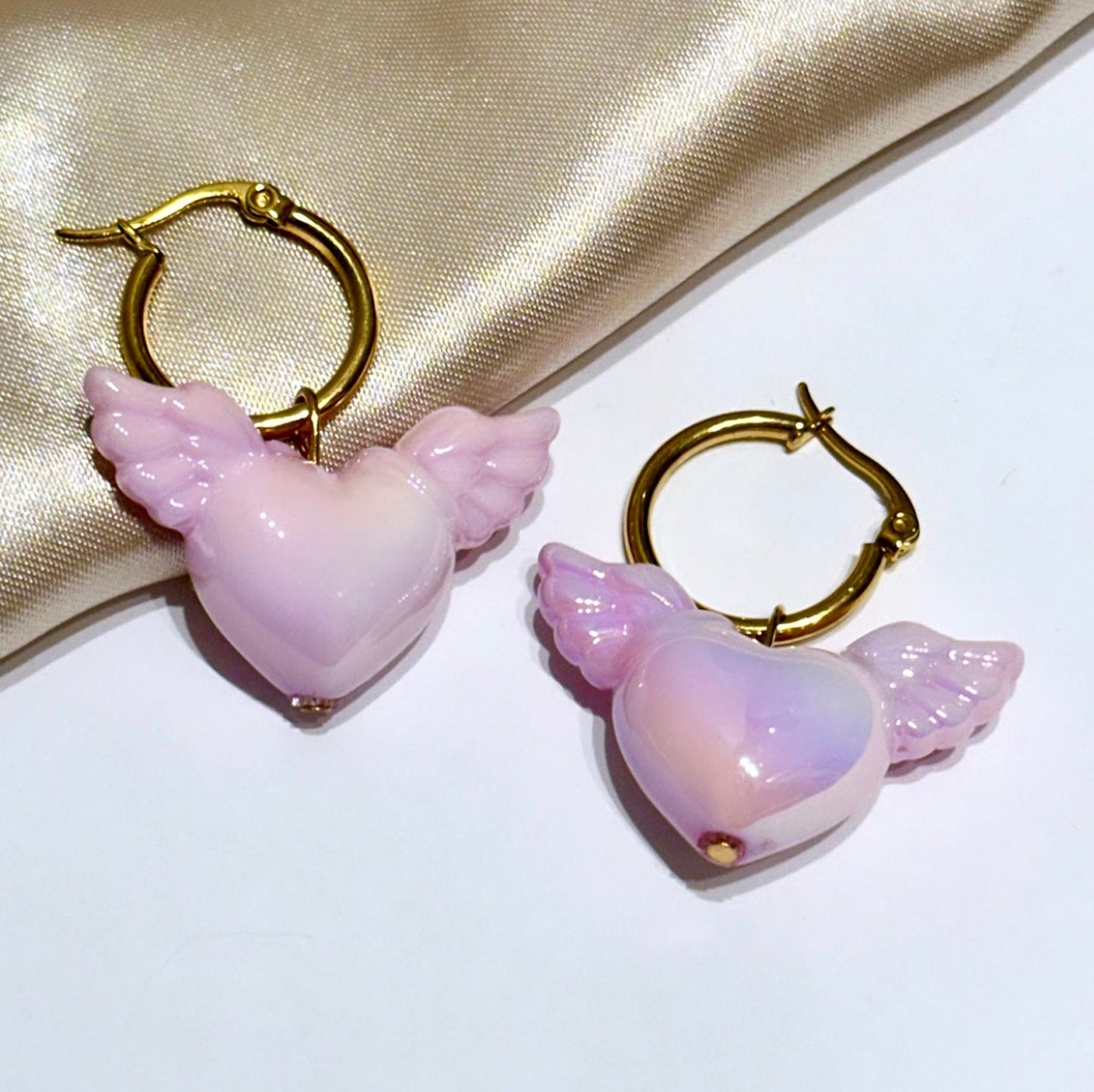 Pink Heart Hoop Earrings, Valentine's Day Hoop Earrings, Puffy Heart Earrings, Pink Heart Earrings Dangle, Angel Heart With Wings, Vday Gift