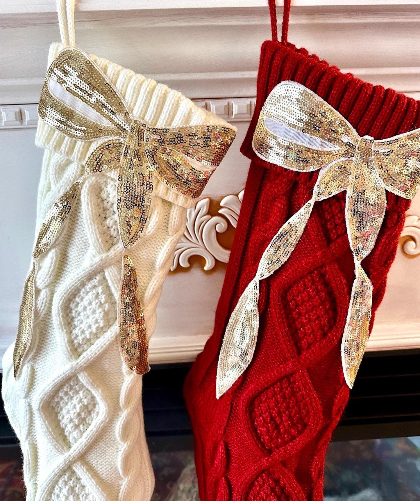 Bow Christmas Stocking Red And White Christmas Stocking, Sequin Christmas Stocking White Knit Christmas Stocking Coquette Christmas Stocking