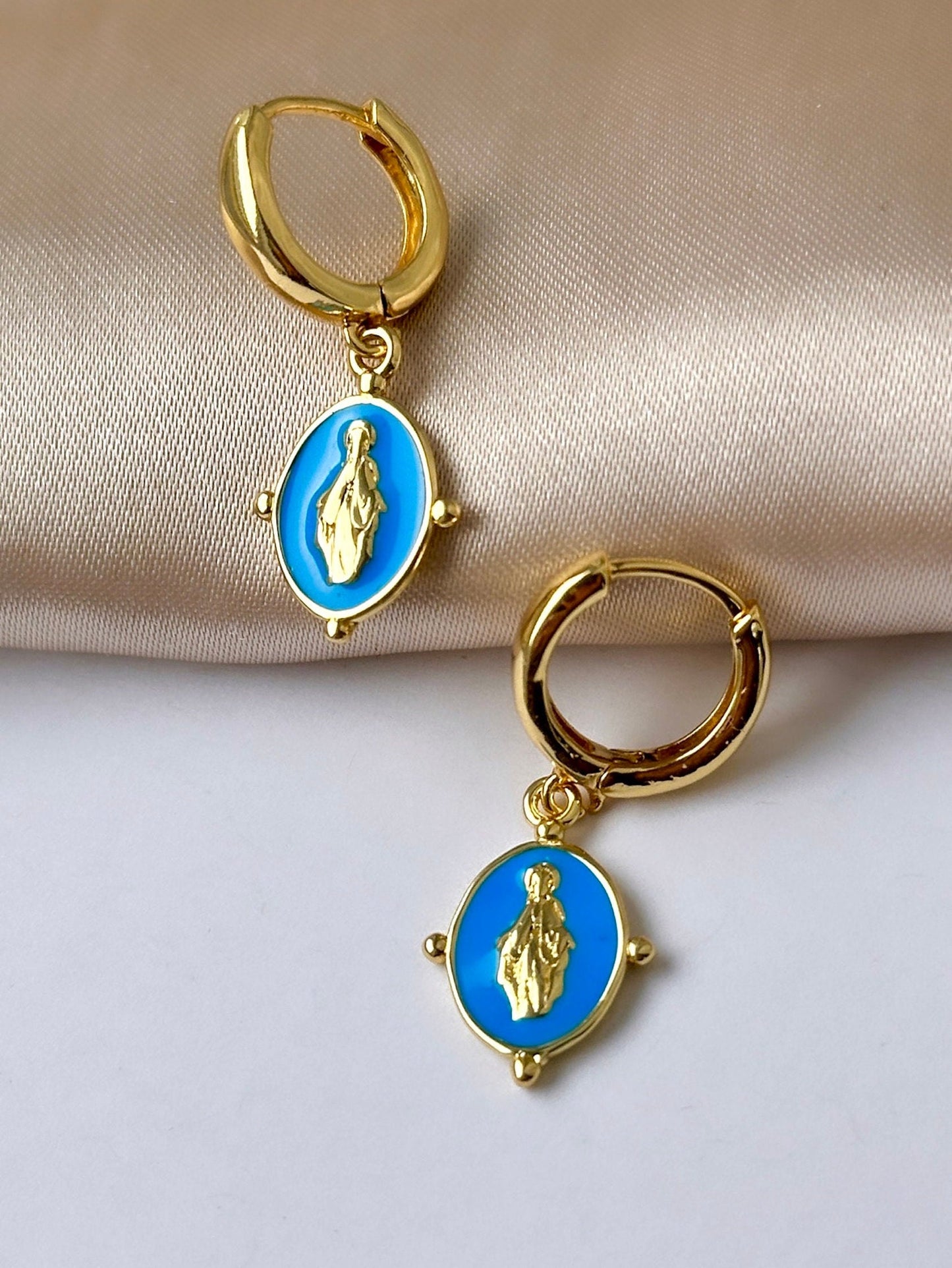 Virgin Mary Hoop Earrings, Religious Earrings Women, Easter Hoop Earrings, Saint Earring Dangle, Our Lady Of Guadalupe Earrings, Gold Hoops