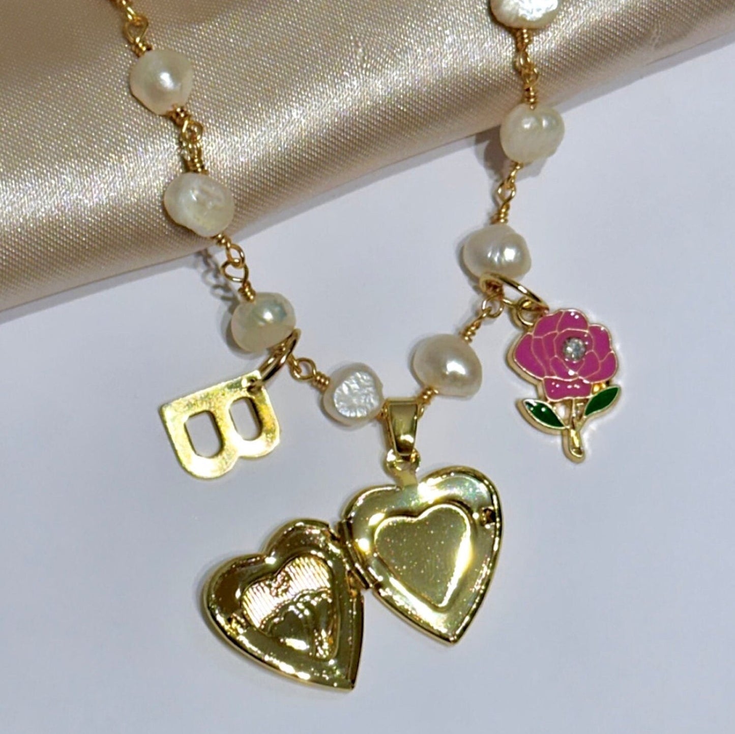 Pearl Locket Necklace Heart, Heart Locket Necklace With Letter, Gold Heart Locket Personalized, Custom Locket Necklace, Valentine's Necklace