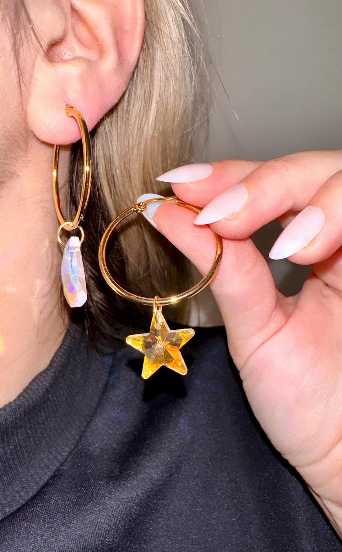 Star And Moon Hoop Earrings, Gold Celestial Earrings, Aurora Borealis Earrings, Asymmetrical Earrings, Gold Hoops, Crystal Star Earrings