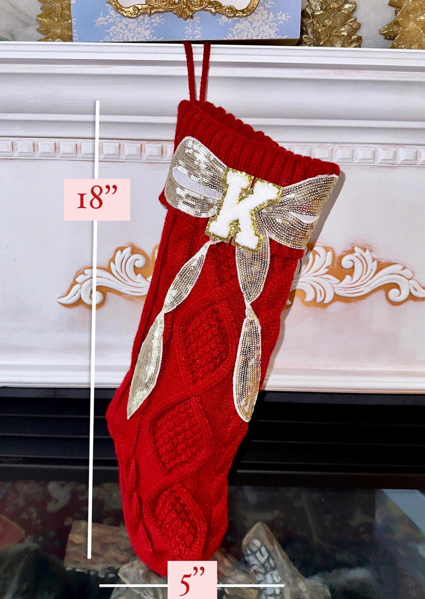 Personalized Christmas Stocking, Red Knit Christmas Stocking, Sequin Bow Christmas Stocking, Custom Christmas Stocking Large Letter Stocking
