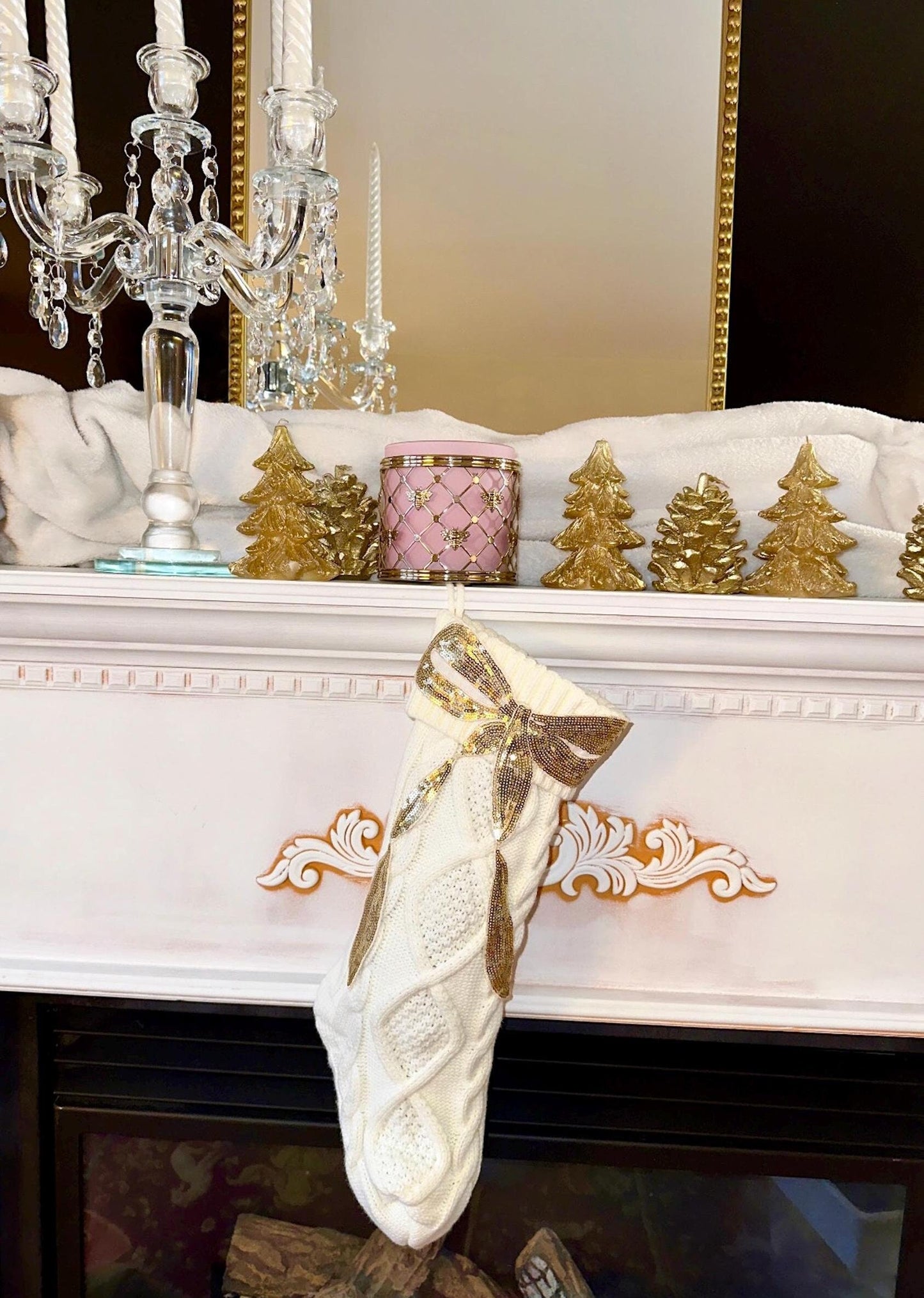Coquette Christmas Stocking, Bow Christmas Stocking, White Knit Christmas Stocking, Sequin Christmas Stocking, Gold Bow Christmas Decoration