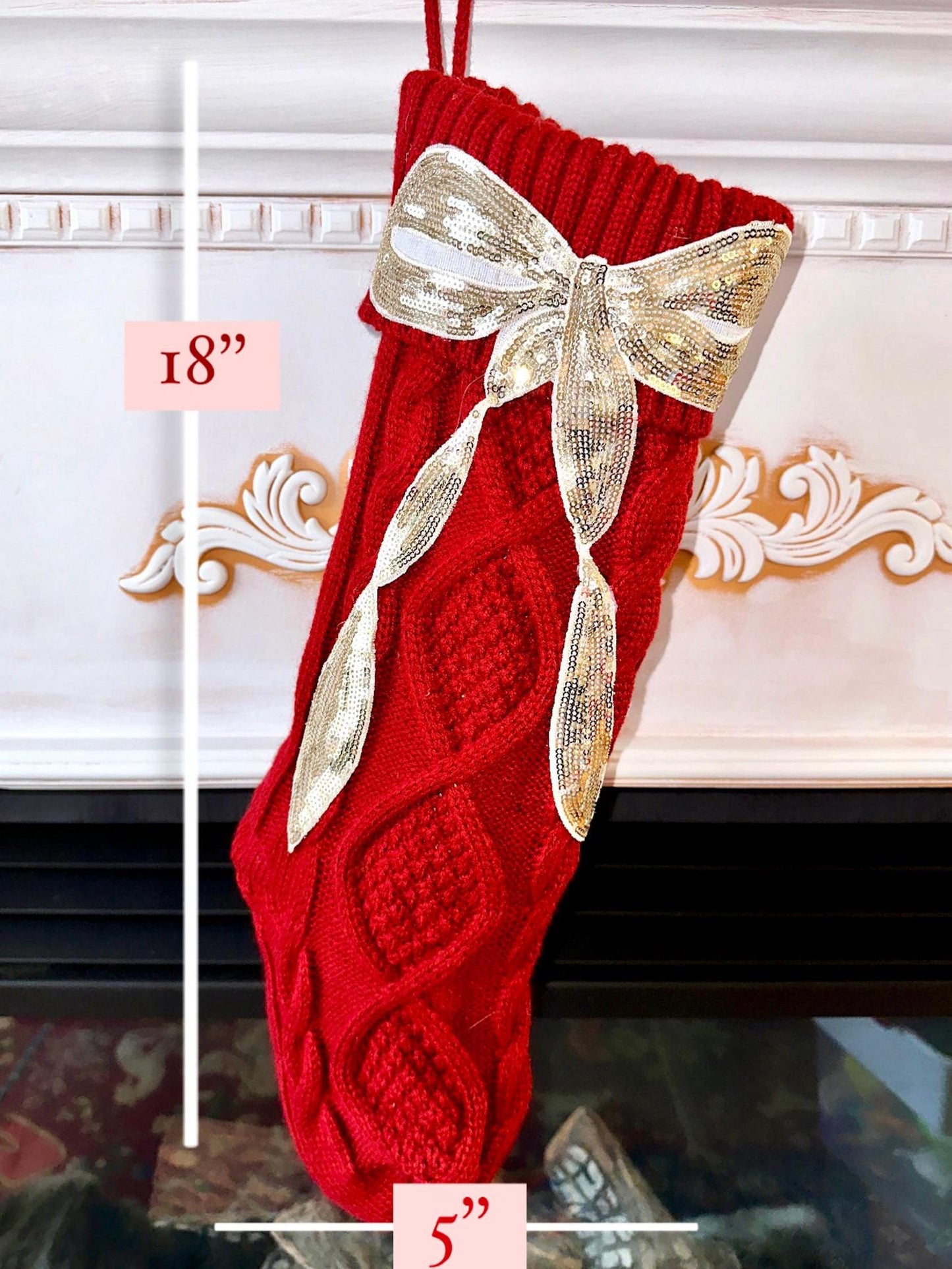 Bow Christmas Stocking, Coquette Christmas Stocking, Red Knit Christmas Stocking, Sequin Christmas Stocking, Gold Bow Christmas Decoration