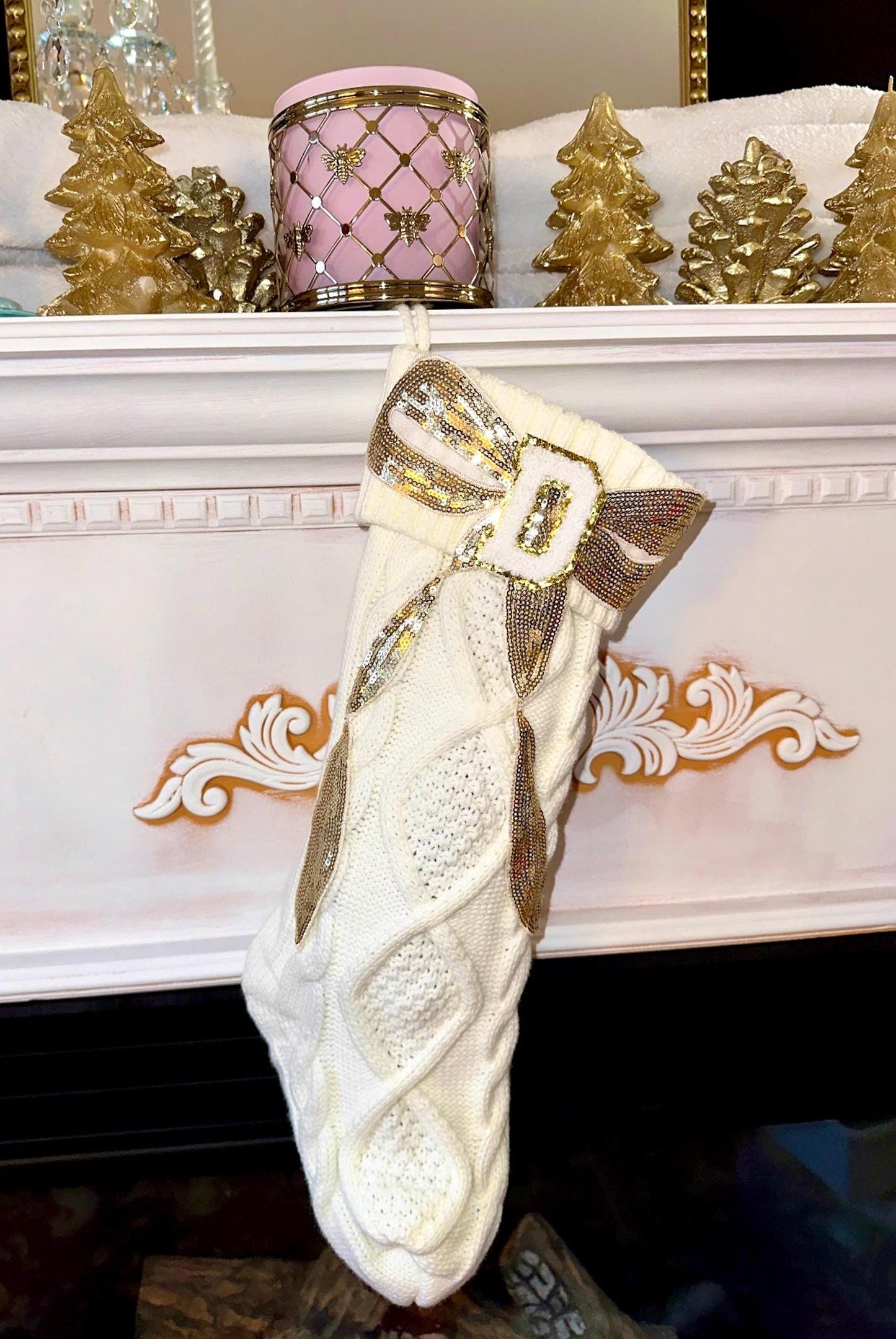 Personalized Letter Stocking, White Knit Christmas Stocking, Initial Stocking Christmas, Bow Christmas Stocking, Custom Christmas Stocking