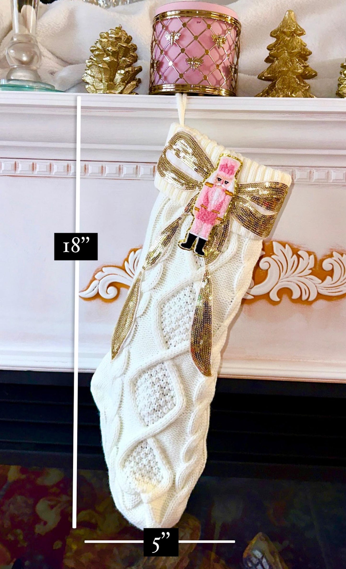 Pink Nutcracker Stocking, Nutcracker Christmas Stocking, Bow Christmas Stocking, White Knit Christmas Stocking, Coquette Christmas Stocking
