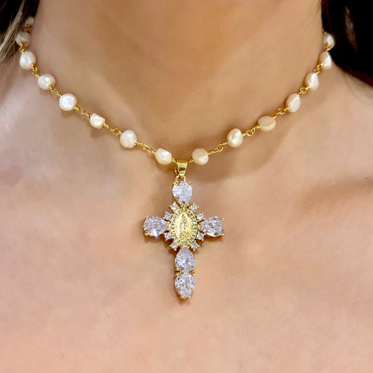 Freshwater Pearl Cross Necklace - Statement Cross Pearl Necklace - Pearl Bead Cross Necklace, Gold Filled CZ Cross Pendant, CZ Cross Pendant