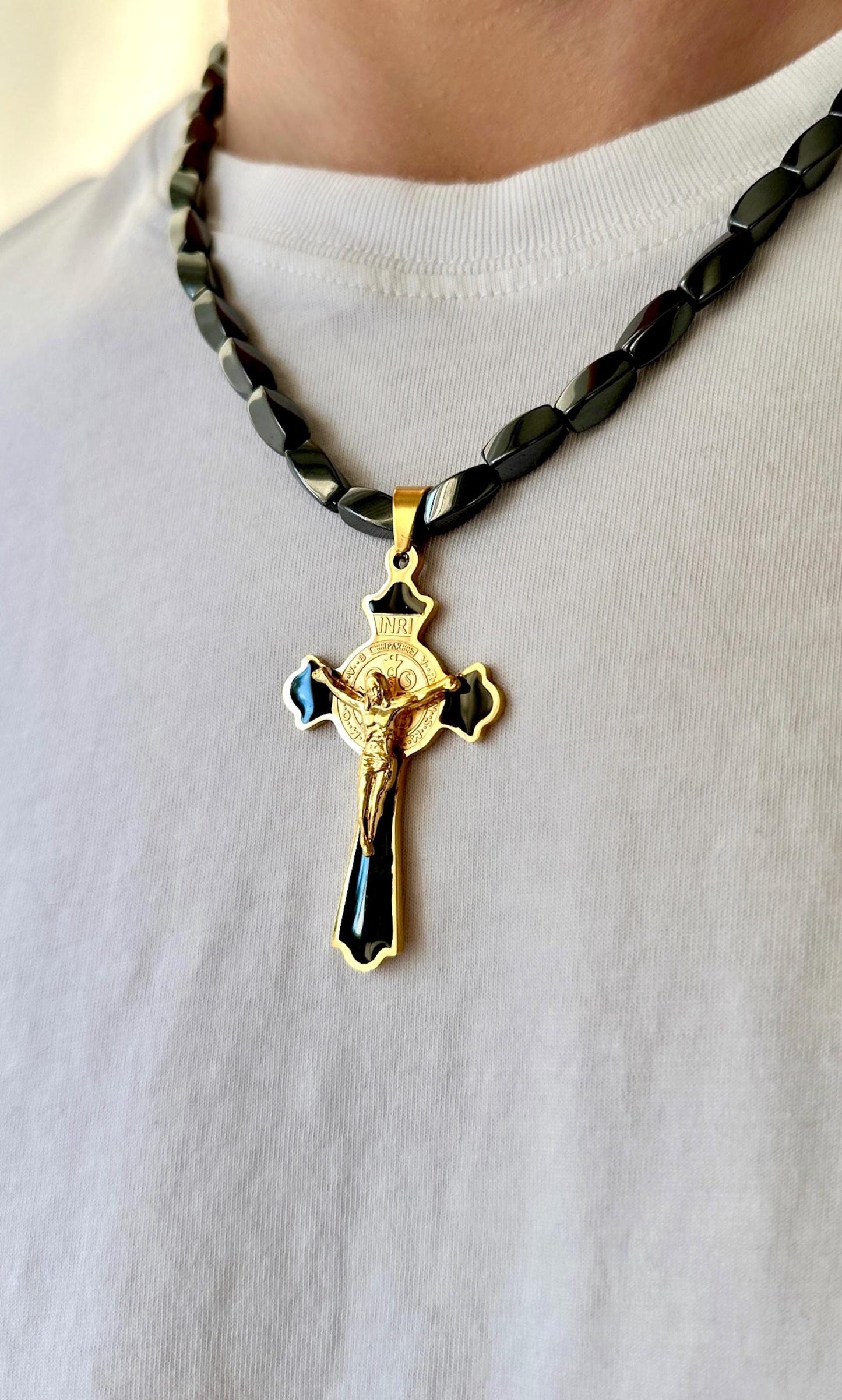 Chunky Black Cross Necklace, Crucifix Necklace Men Waterproof, Men's Cross Necklace Men's Magnetic Necklace Hematite Cross Necklace Dad Gift
