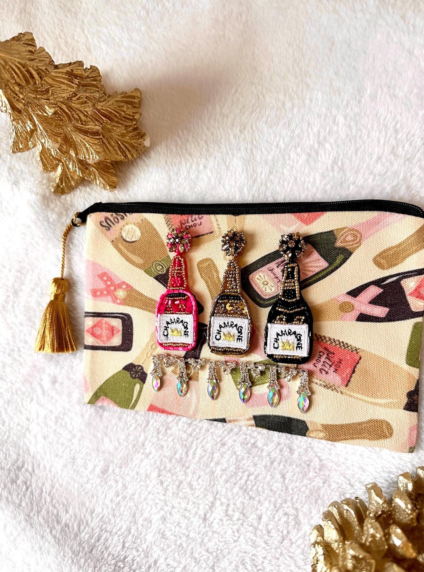 Champagne Purse, Bride Make Up Bag, Champagne Makeup Bag, Canvas Makeup Pouch, New Year's Bag, Hangover Kit Bags, Bachelorette Bags NYE gift