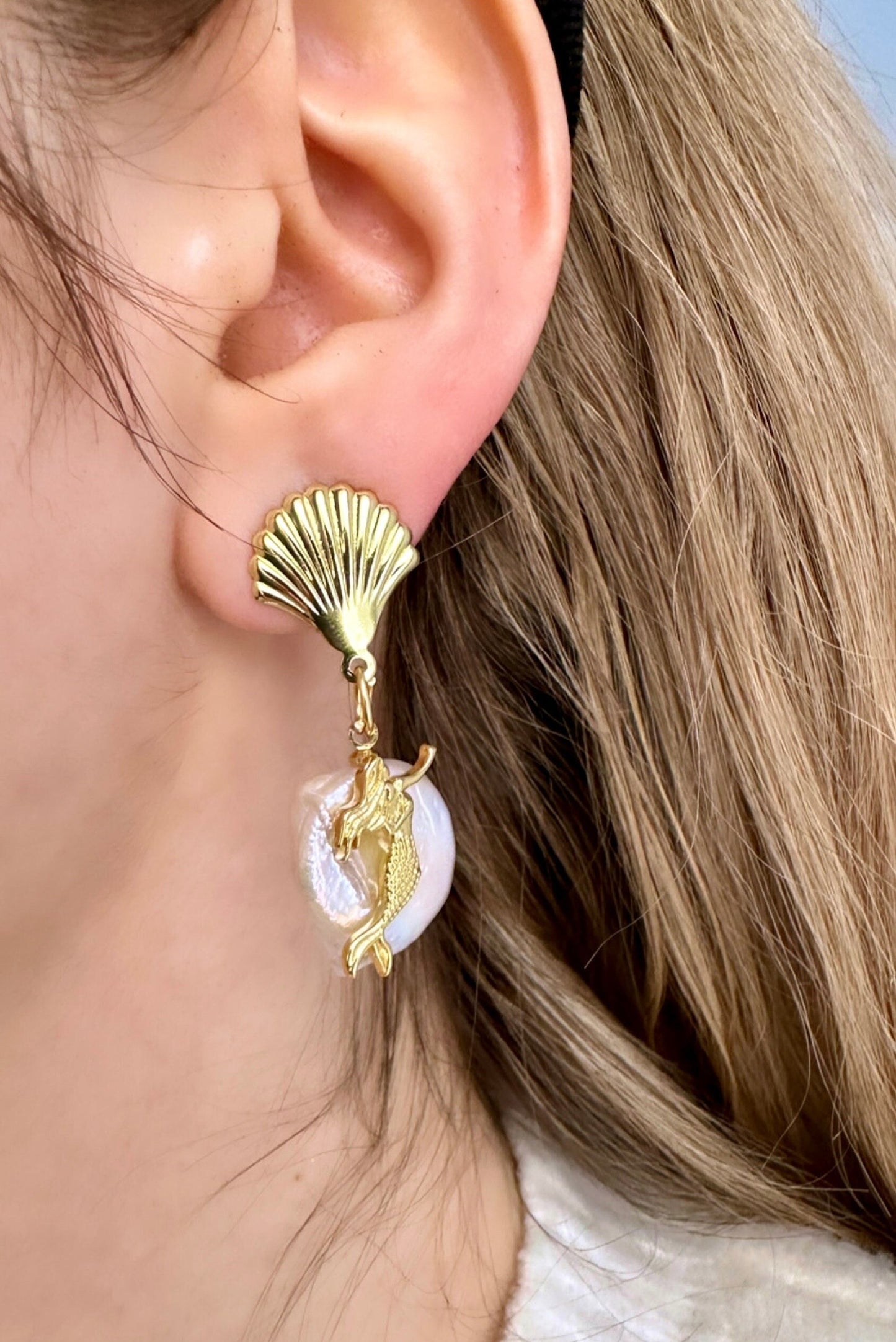 Pearl Mermaid Earrings, Shell Mermaid Earrings, Gold Mermaid Earrings, Baroque Pearl Drop Earrings, Pearl Shell Earrings, Shell Jewelry