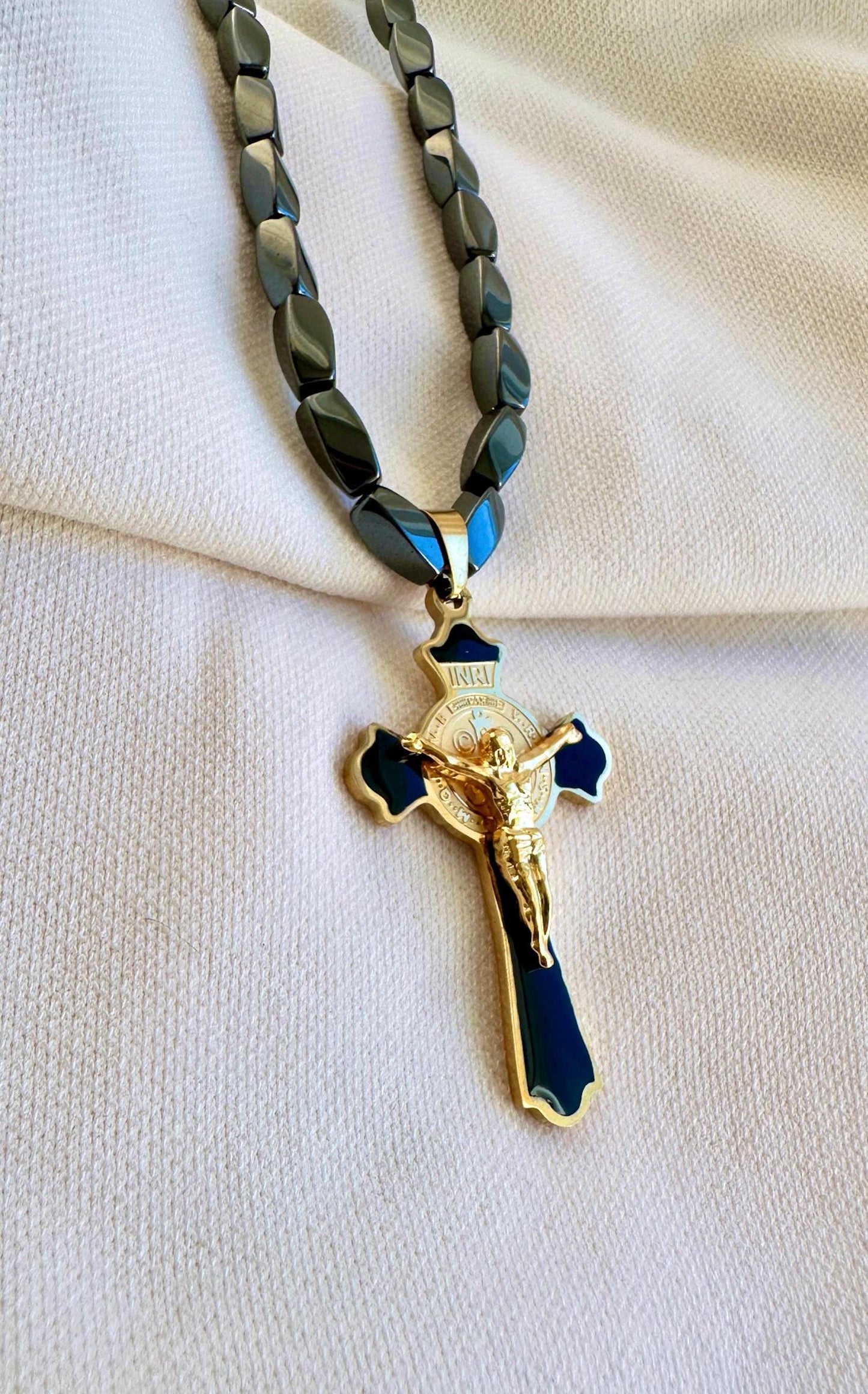 Chunky Black Cross Necklace, Crucifix Necklace Men Waterproof, Men's Cross Necklace Men's Magnetic Necklace Hematite Cross Necklace Dad Gift