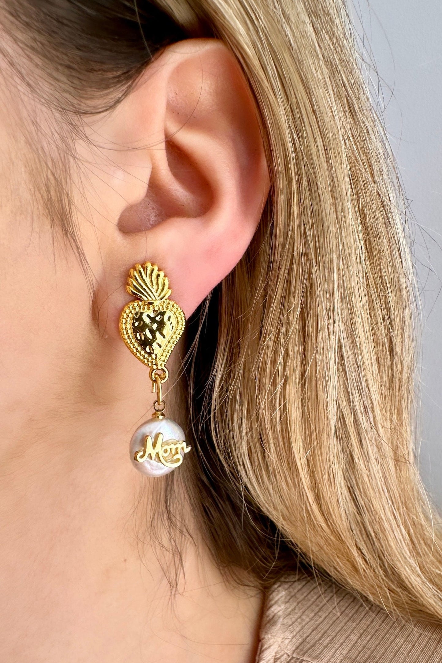 Mom Dangle Earrings, Mother's Day Earrings, Mother's Day Gift For Her, Gold Sacred Heart Earrings, Milagro Earrings Gold, Ex Voto Earrings