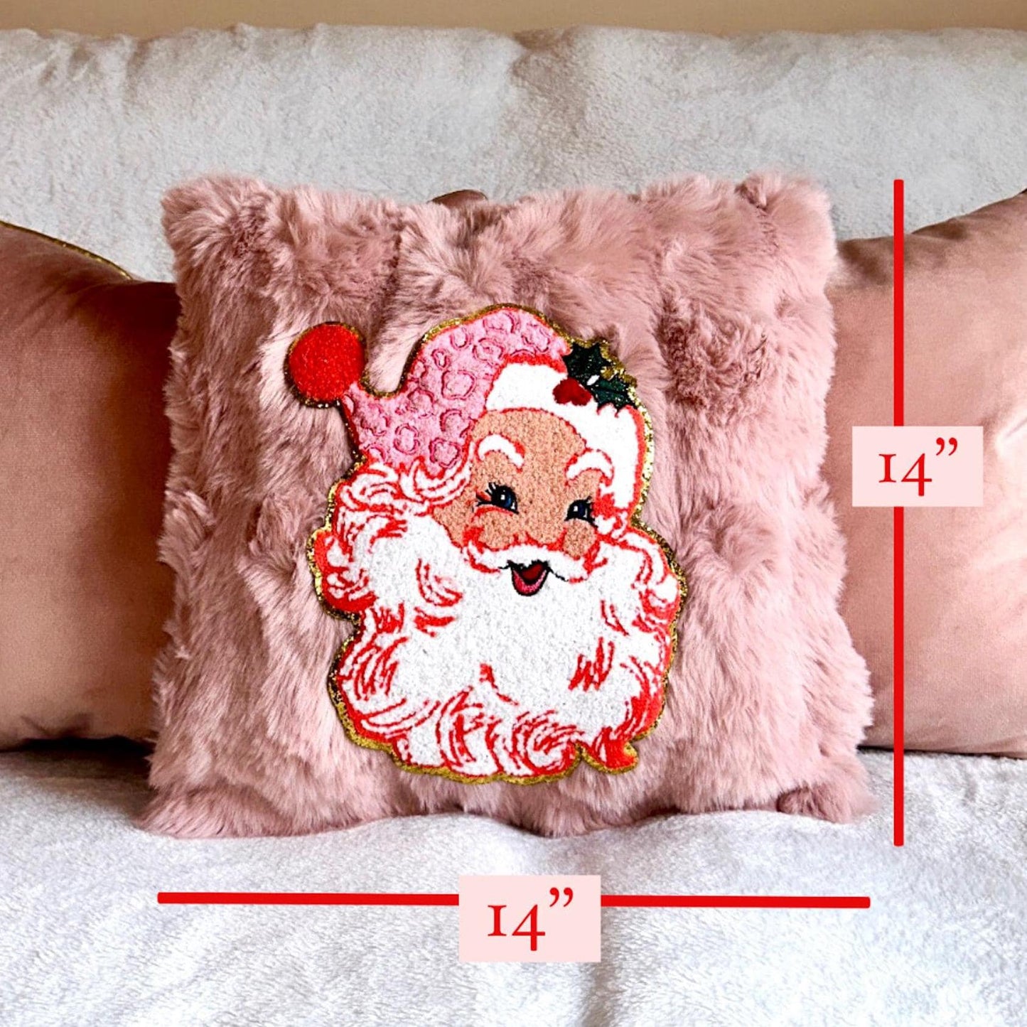 Pink Santa Pillow, Coquette Christmas Pillow, Pink Christmas Pillow, Retro Santa Pillow, Faux Fur Christmas Pillow, Pink Decor Pillows