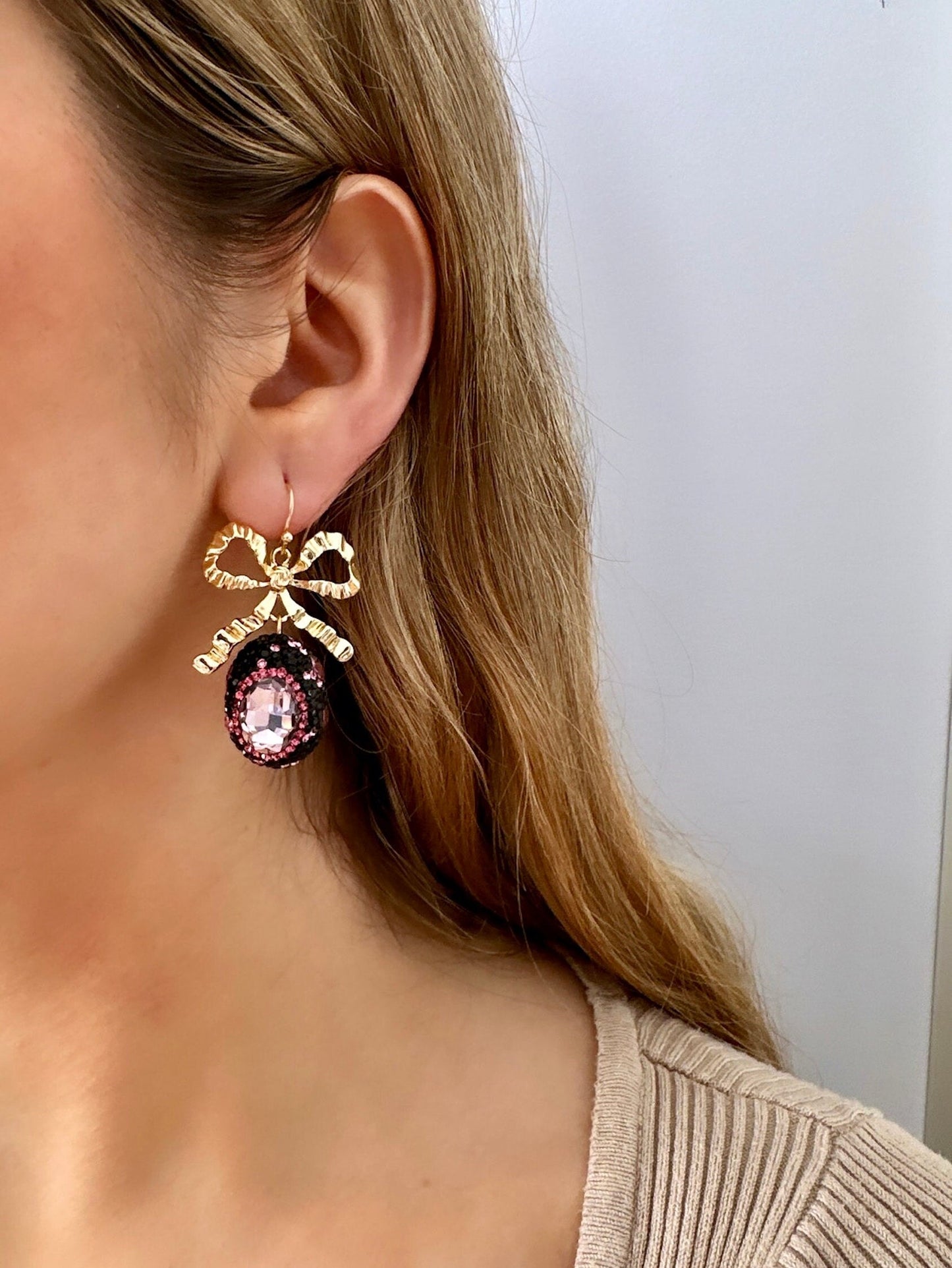 Statement Bow Earrings, Polymer Clay Easter Earrings, Easter Egg Earrings, Gold Bow Earrings, Gold Bowknot Earrings, Vintage Easter Earrings