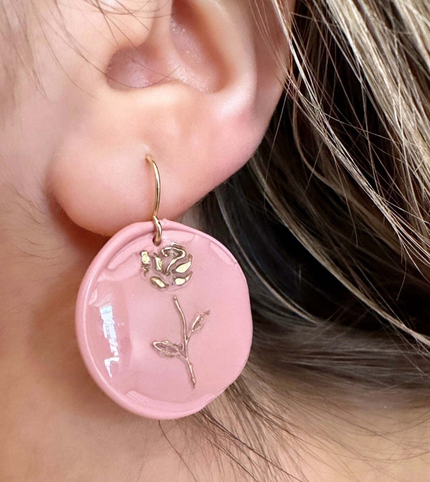 Gold Rose Earrings, Wax Seal Earrings, Pink Rose Earring, June Rose Earrings, Wax Jewelry, June Birthday Gifts, Rose Birth Flower