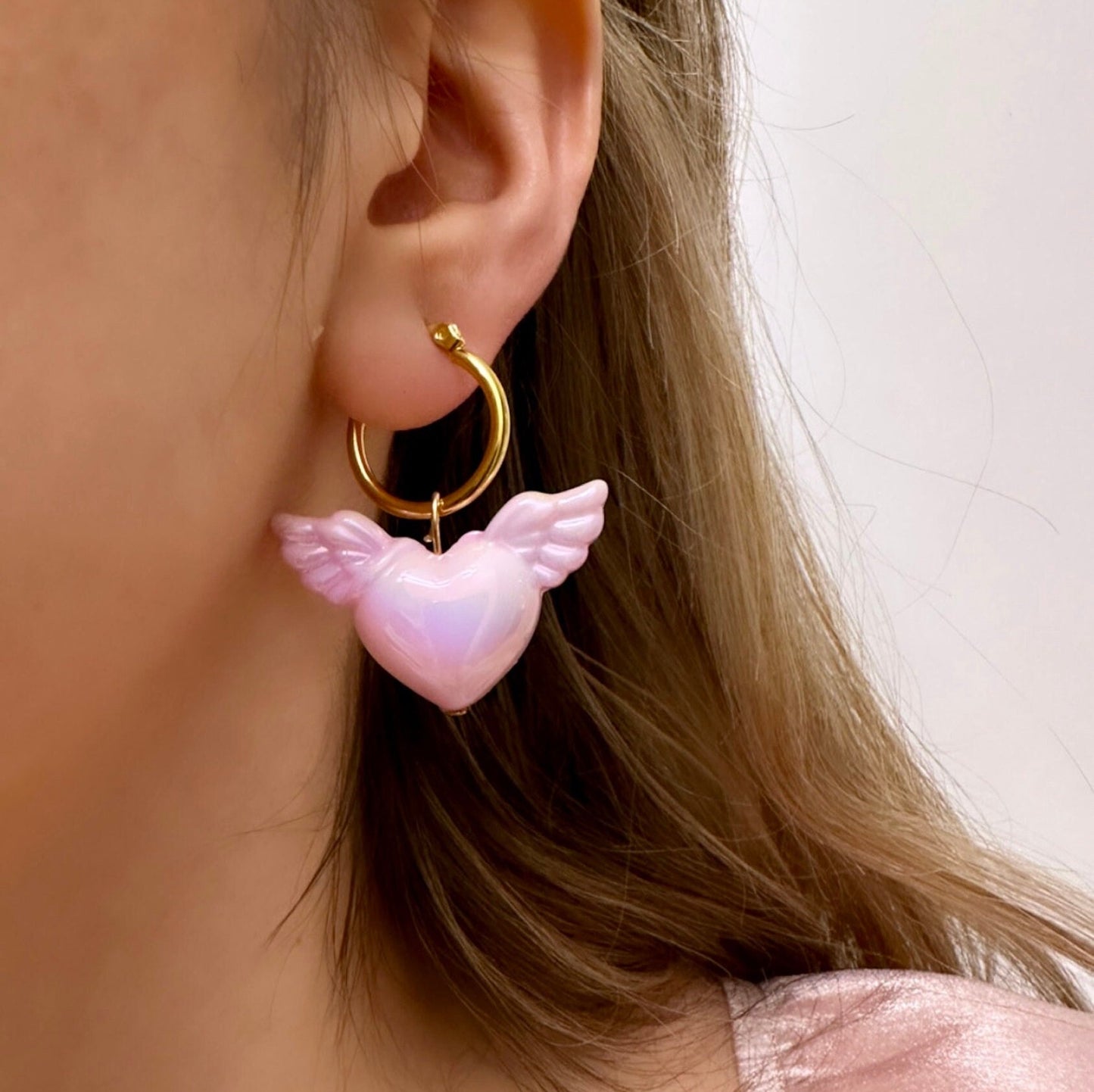 Pink Heart Hoop Earrings, Valentine's Day Hoop Earrings, Puffy Heart Earrings, Pink Heart Earrings Dangle, Angel Heart With Wings, Vday Gift