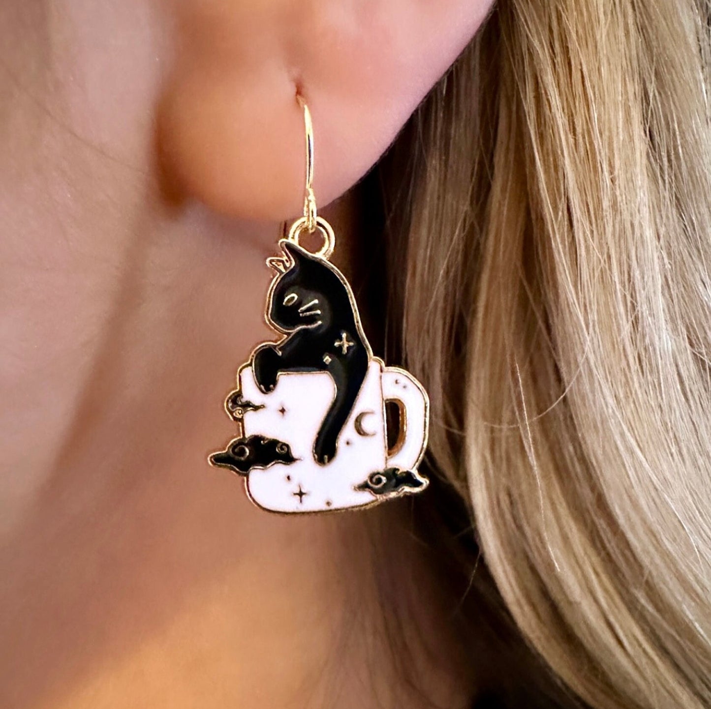 Halloween Black Cat Dangle Earrings, Coffee Mug Earrings, Witchy Celestial Earrings, Black Cat Jewelry Gift For Cat Lover