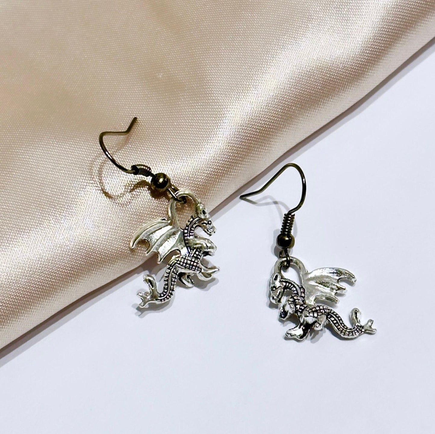 Silver Dragon Earrings, Tiny Dragon Earring, Dragon Dangle Earrings, Renaissance Earrings Halloween Earrings Fantasy Earrings Dragon Jewelry