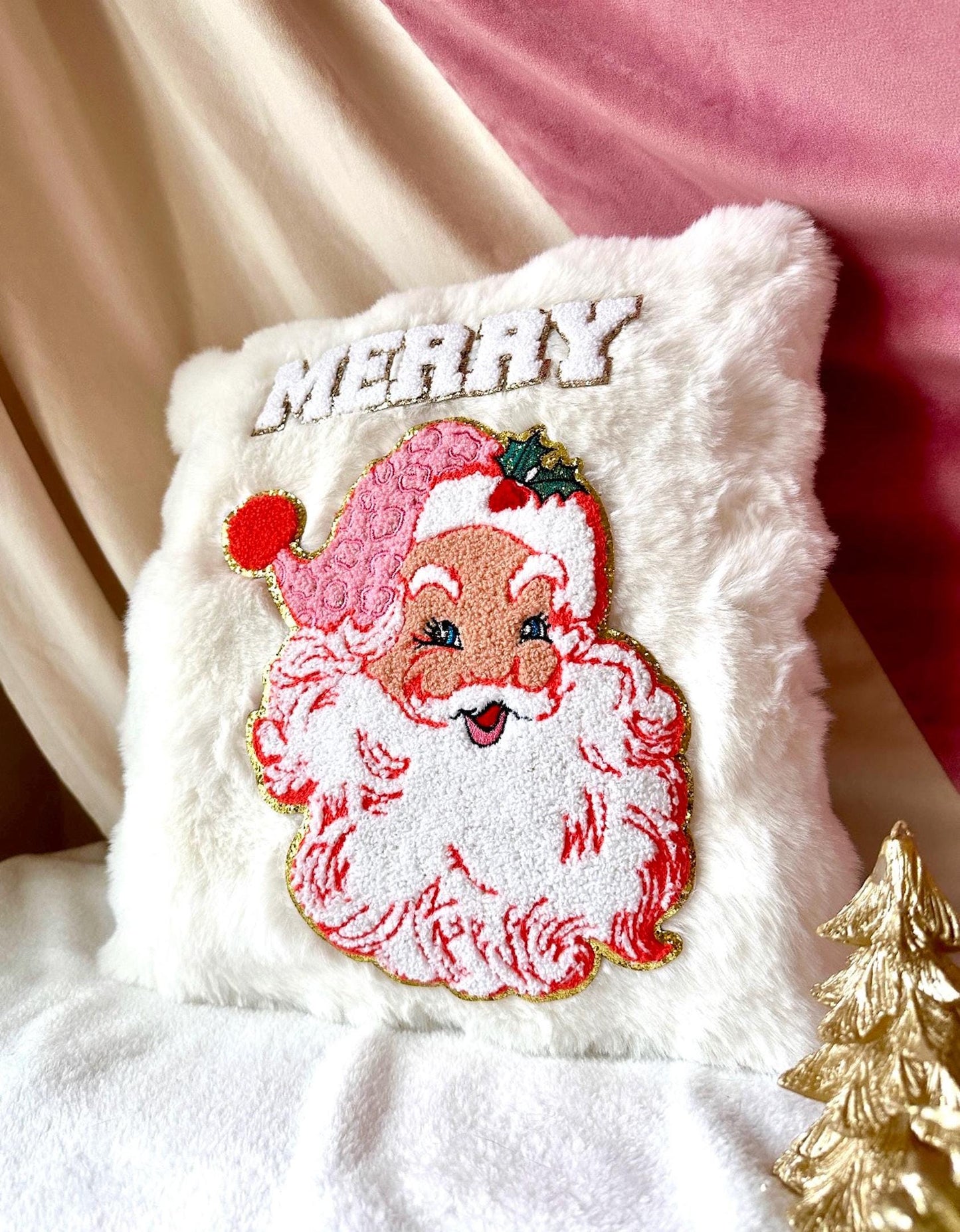 Retro Santa Pillow, White Christmas Pillows, Merry Pillow, White Fur Pillow, Christmas Cushions And Cover, Faux Fur Cushion, Christmas Decor