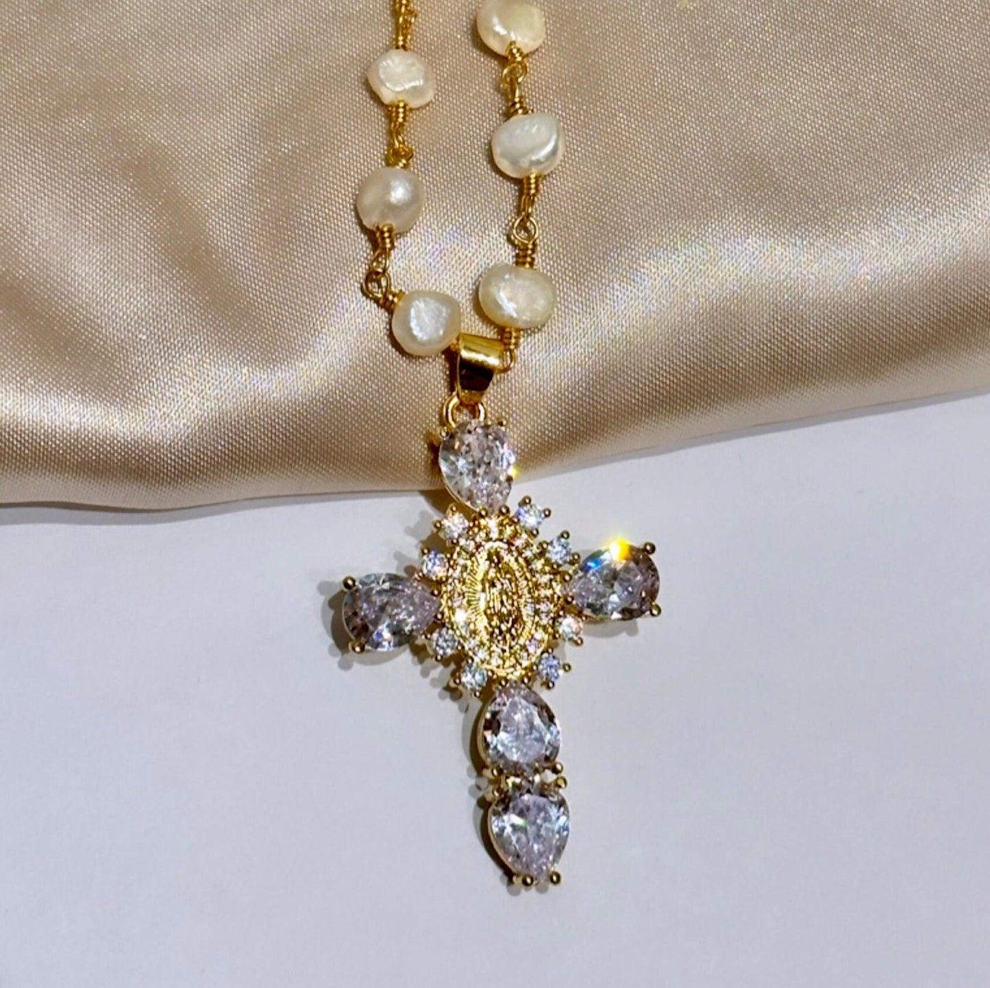 Freshwater Pearl Cross Necklace - Statement Cross Pearl Necklace - Pearl Bead Cross Necklace, Gold Filled CZ Cross Pendant, CZ Cross Pendant