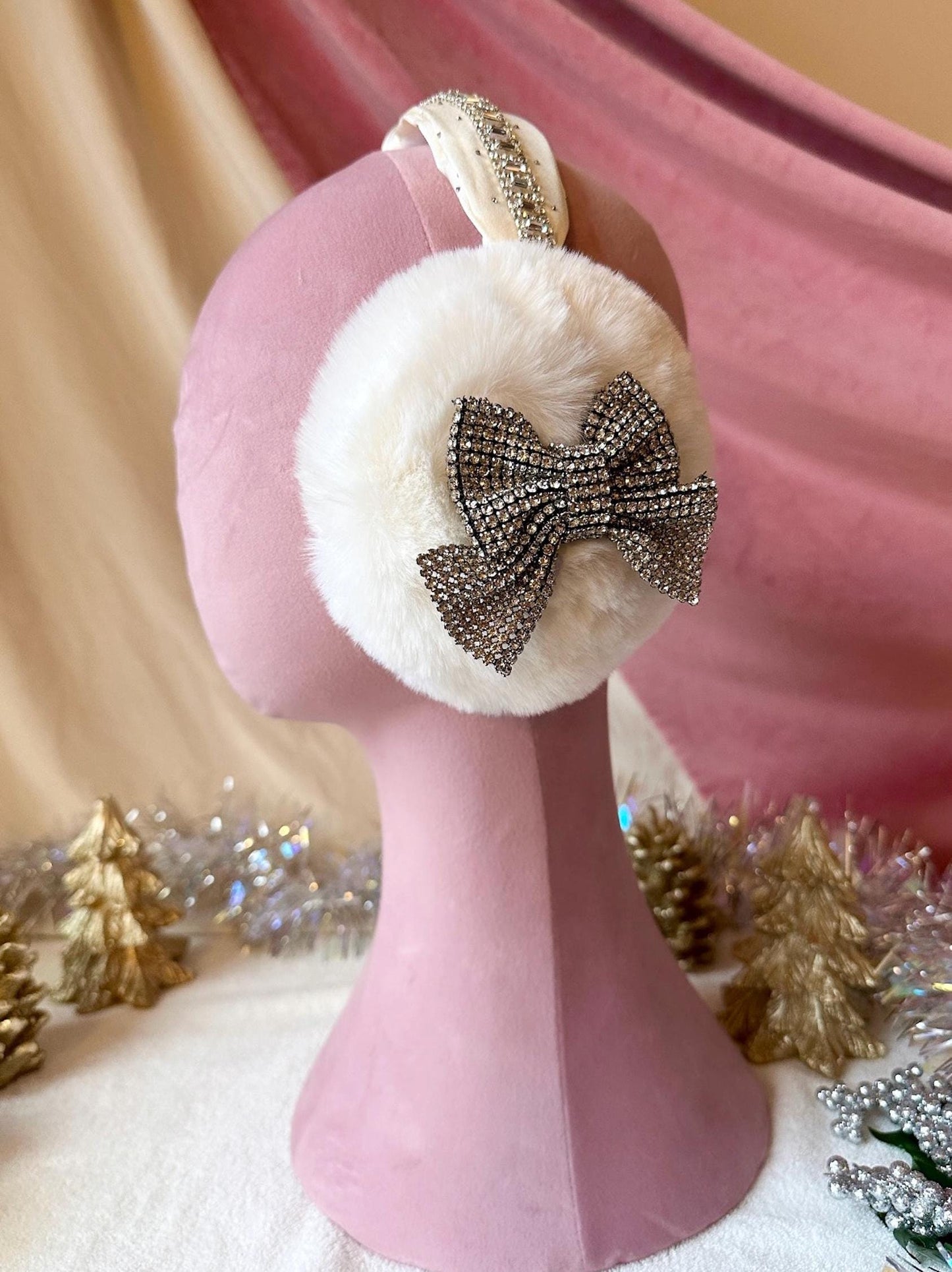 Bow Ear Muffs, Christmas Earmuffs, Rhinestone Ear Muffs, White Ear Muffs, Faux Fur Earmuffs, Faux Fur Ear Muffs, Coquette Christmas Gifts