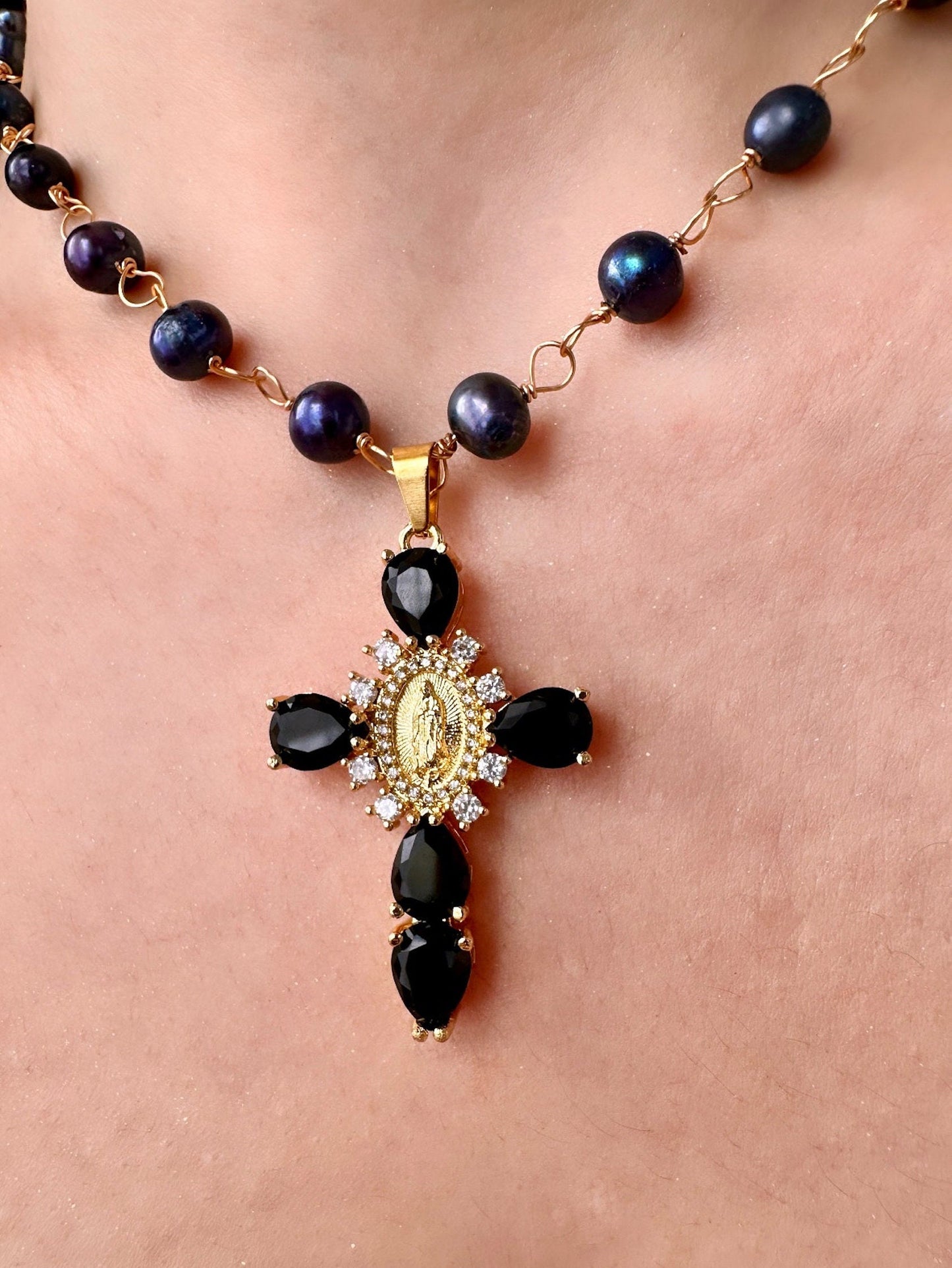 Black Cross Necklace For Women, Pearl Cross Necklace, Black Pearl Necklace For Women, Large Cross Necklace, Real Pearl Necklace, Renaissance