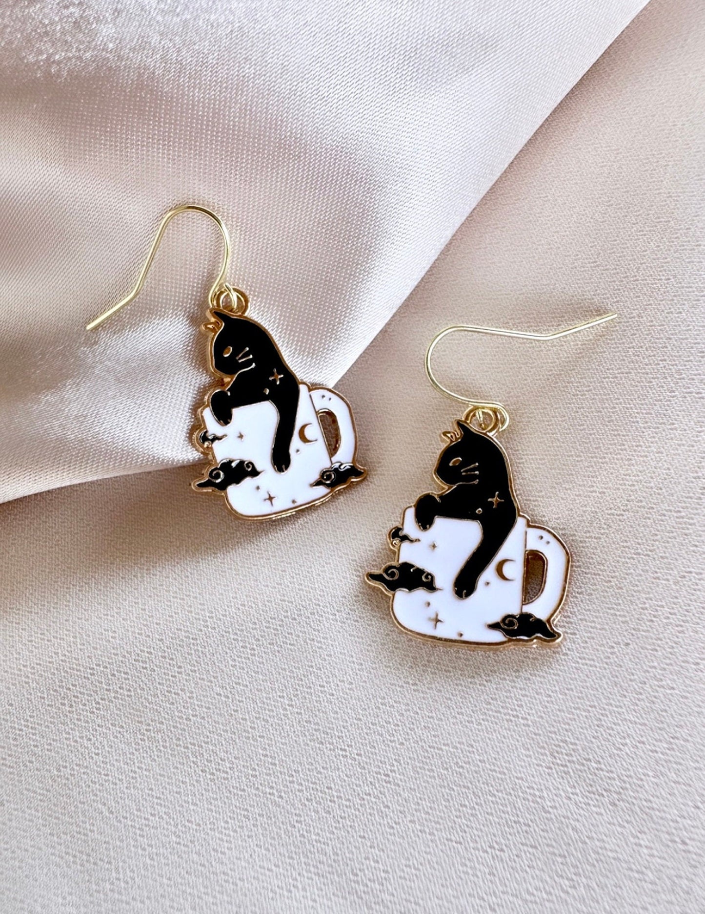 Halloween Black Cat Dangle Earrings, Coffee Mug Earrings, Witchy Celestial Earrings, Black Cat Jewelry Gift For Cat Lover