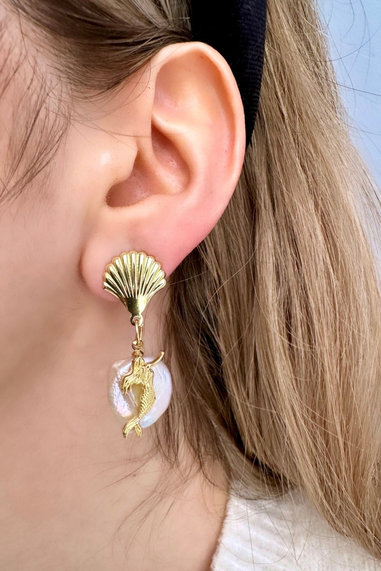 Pearl Mermaid Earrings, Shell Mermaid Earrings, Gold Mermaid Earrings, Baroque Pearl Drop Earrings, Pearl Shell Earrings, Shell Jewelry