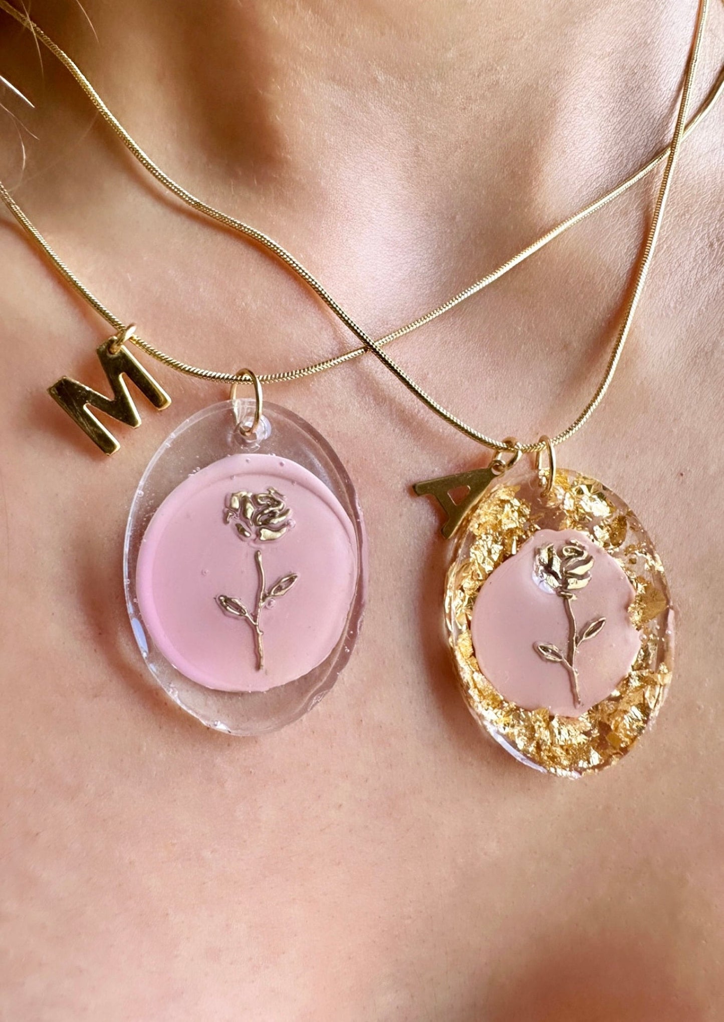 Resin Rose Necklace, Gold Initial Necklace Stainless Steel, Gold Rose Flower Necklace, Gold Letter Necklace, Custom Flower Necklace