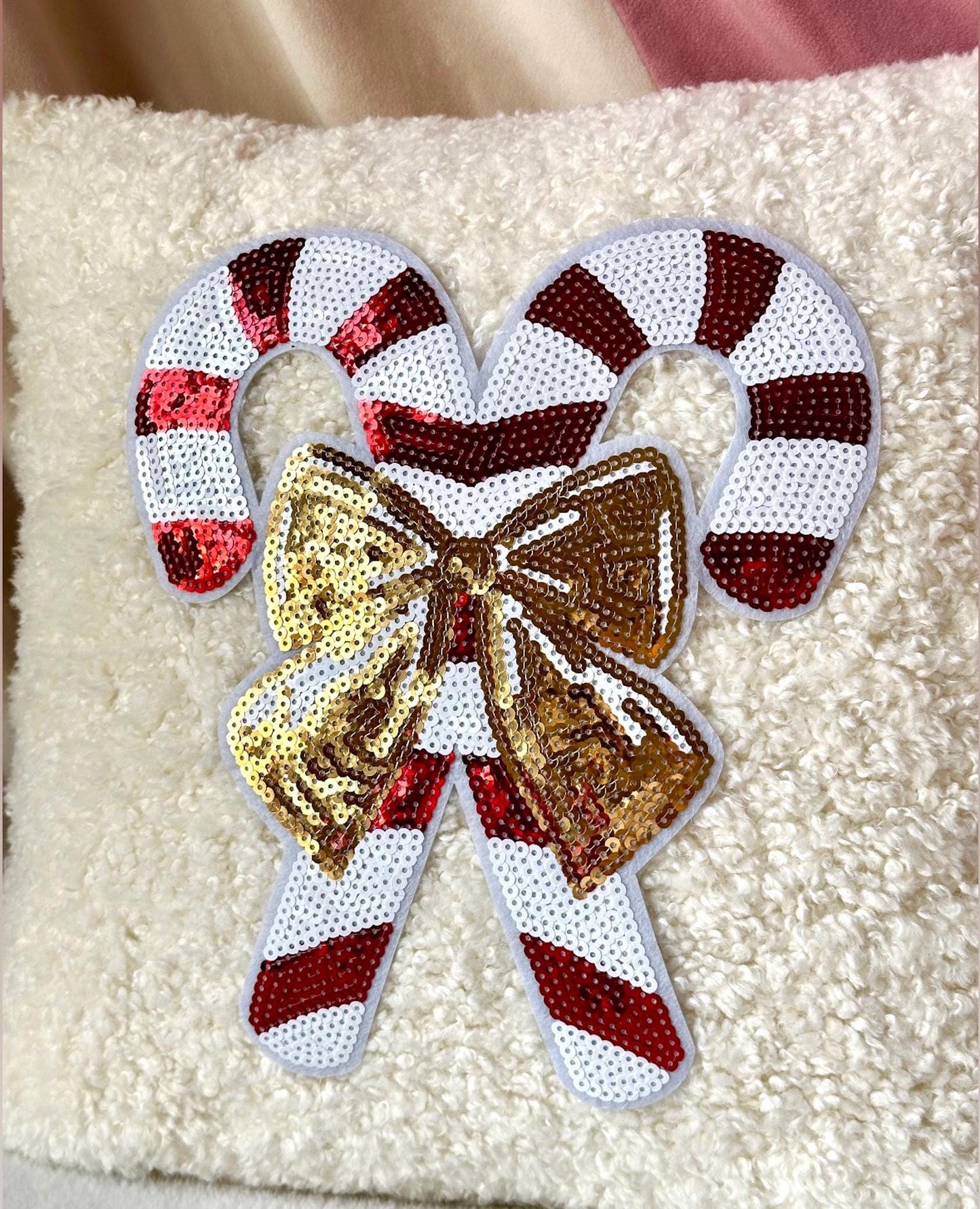 Candy Cane Christmas Pillow, White Boucle Pillow, Gold Bow Pillow, Sequin Christmas Pillow, Coquette Christmas Pillow, Cozy Decor Home