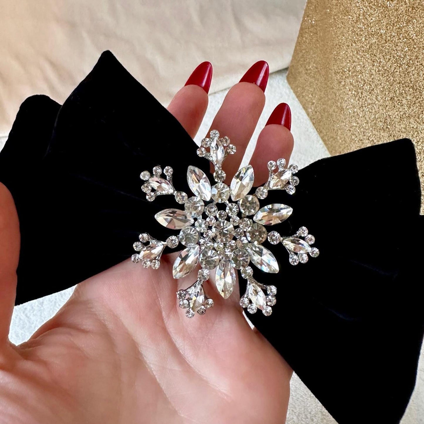 Christmas Hair Bow Clip, Snowflake Hair Bow, Black Velvet Hair Bow Clip, Festive Hair Bow, Snowflake Hair Clips, Rhinestone Hair Bow