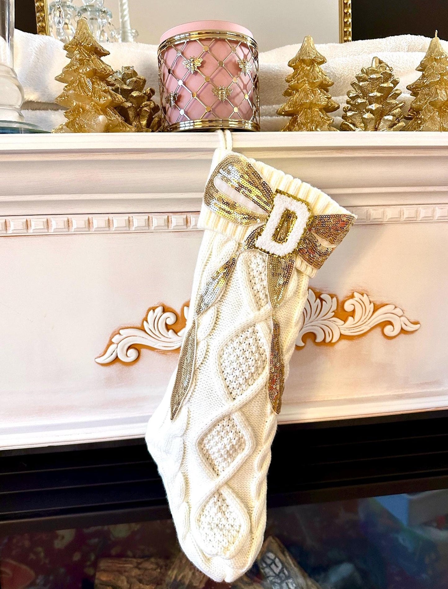 Personalized Letter Stocking, White Knit Christmas Stocking, Initial Stocking Christmas, Bow Christmas Stocking, Custom Christmas Stocking