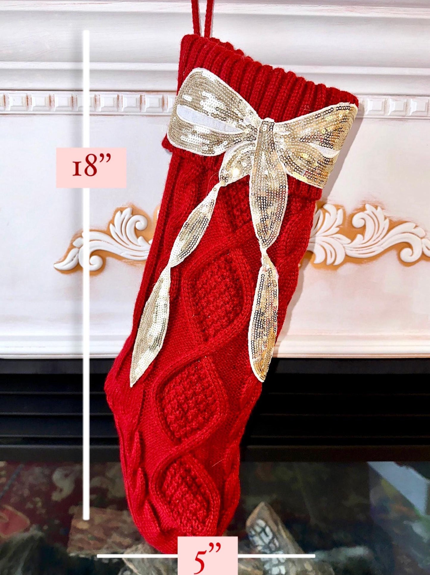 Red Knit Christmas Stocking, Bow Christmas Stocking, Coquette Christmas Stocking, Sequin Christmas Stocking, Gold Bow Christmas Decoration