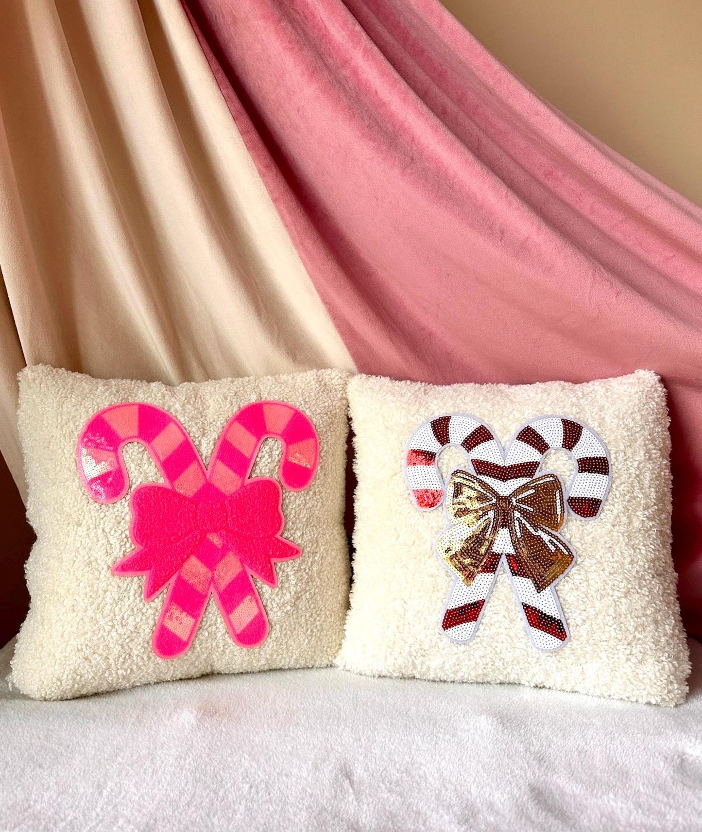 Candy Cane Christmas Pillow, White Boucle Pillow, Gold Bow Pillow, Sequin Christmas Pillow, Coquette Christmas Pillow, Cozy Decor Home