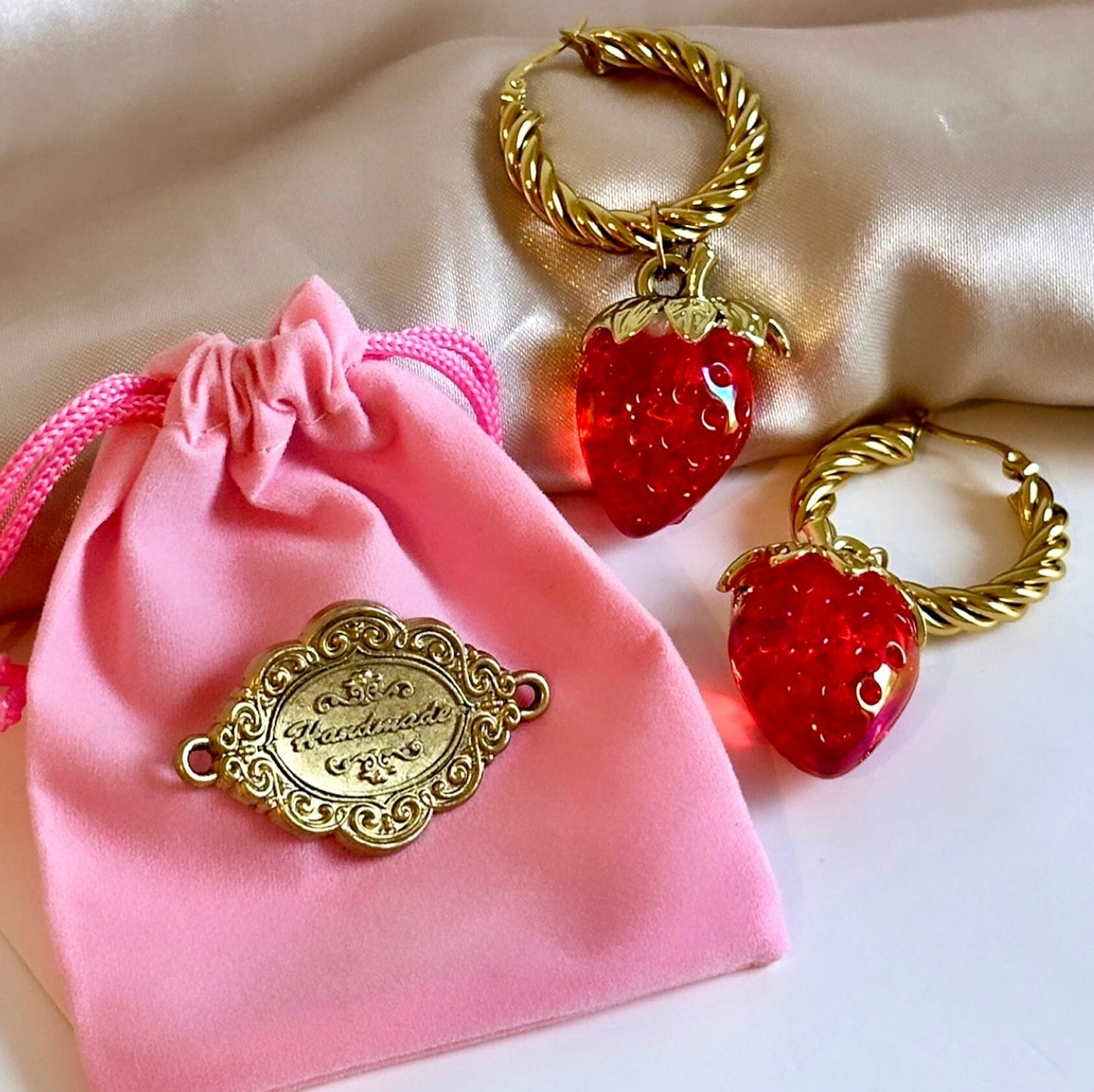 Strawberry Hoops, Gold Twist Hoop Earrings Tarnish Free, Red Strawberry Earrings, 2 in 1 Earrings That Convert, Strawberry Dangle Earrings