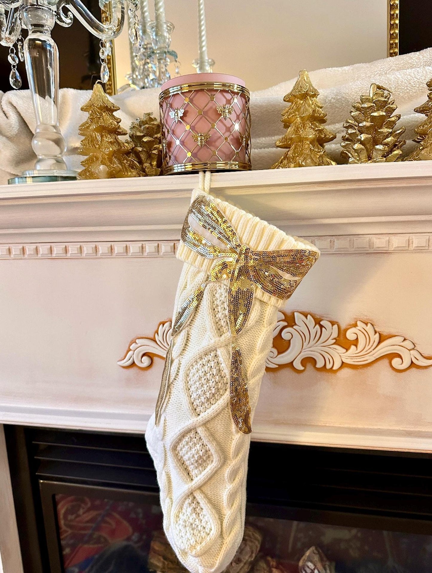 Coquette Christmas Stocking, Bow Christmas Stocking, White Knit Christmas Stocking, Sequin Christmas Stocking, Gold Bow Christmas Decoration