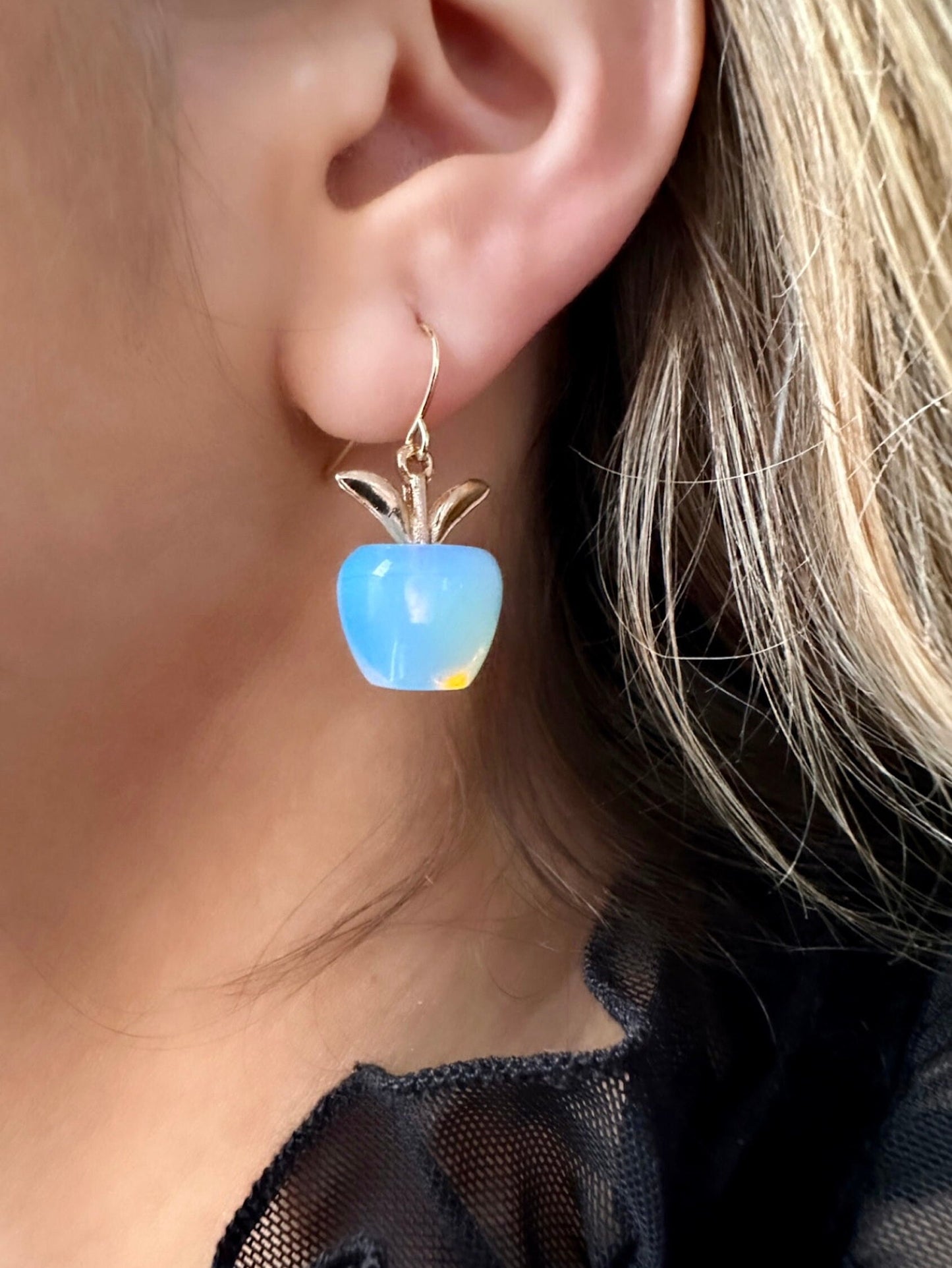 Teacher Earrings, Gold Apple Earrings, Apple Teacher Gift, Apple Jewelry, Moonstone Dangle Earrings, End Of Year Teacher Gift, Fruit Earring